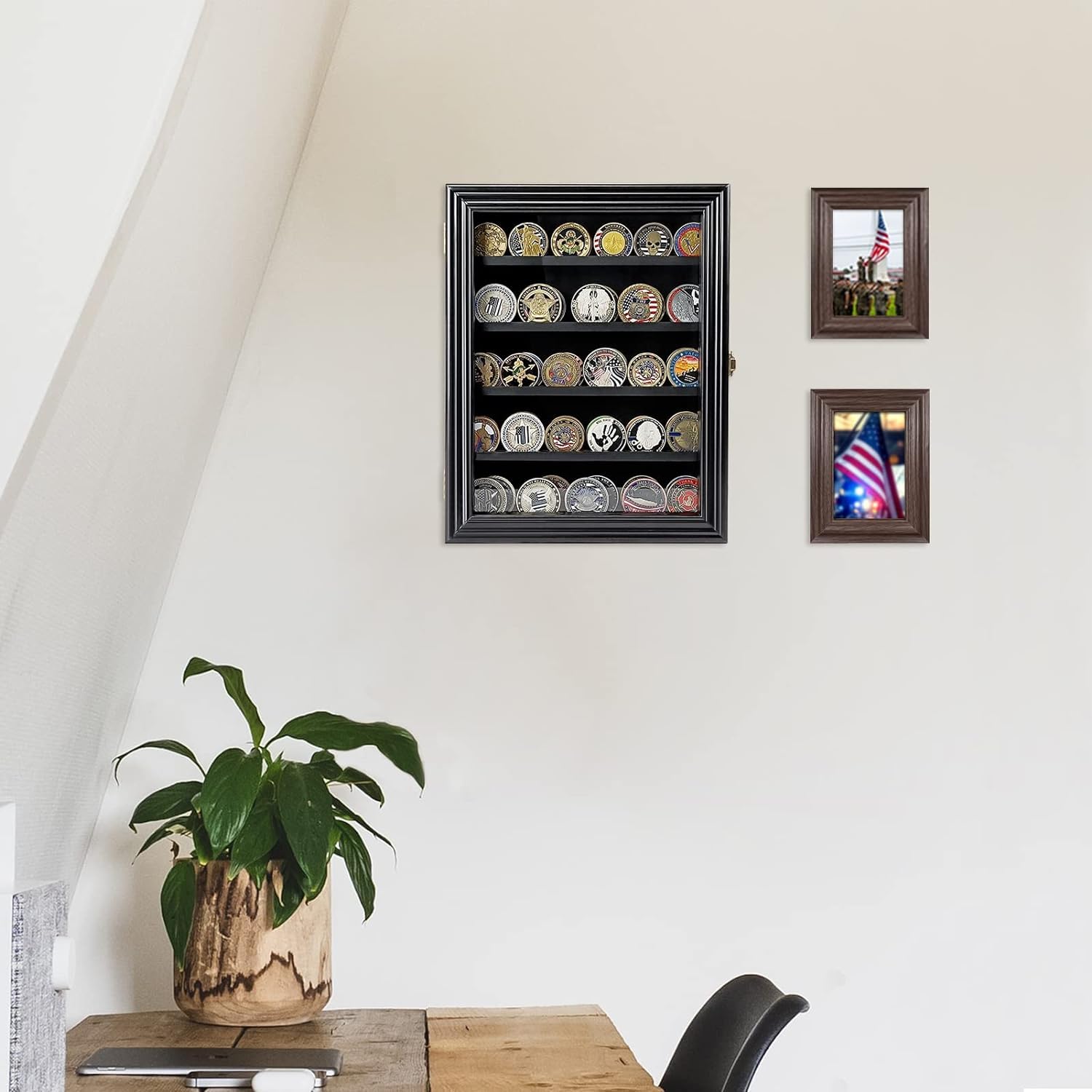NobaeCrs Military Challenge Coin Display Case - Wooden Coin Stand Rack with HD Toughened Glass, Wall Mount & Removable 2-Shelf Design (Black) - Perfect for Collectors, Veterans, and Office Decor
