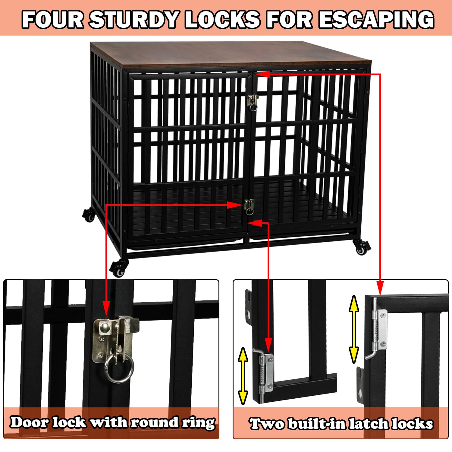42'' Heavy Duty Rustic Wooden Dog Crate Furniture - Escape Proof Kennel Cage for Medium & Large Dogs with Wheels & Removable Tray | Indoor Pet House, Decorative End Table | Perfect for Living Rooms, Bedrooms & Home Offices