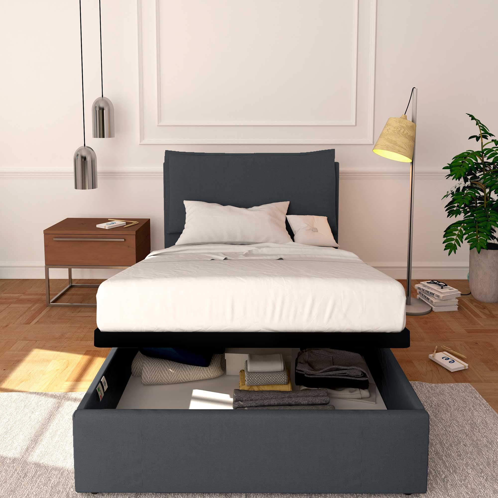 Baldiflex Licia Square and Half Bed with Storage, Synthetic Leather Upholstery, Slatted Base for Square and Half Mattresses, 120 x 190 cm, Thin Padded Headboard, Grey - Perfect for Small Bedrooms, Guest Rooms, and Studio Apartments