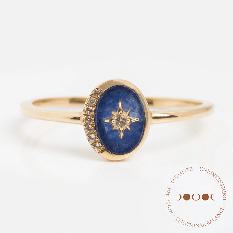 Solid Gold Crystal Crescent Moon Ring for Manifestation & Spiritual Healing - Perfect for Meditation, Yoga, and Gift Giving