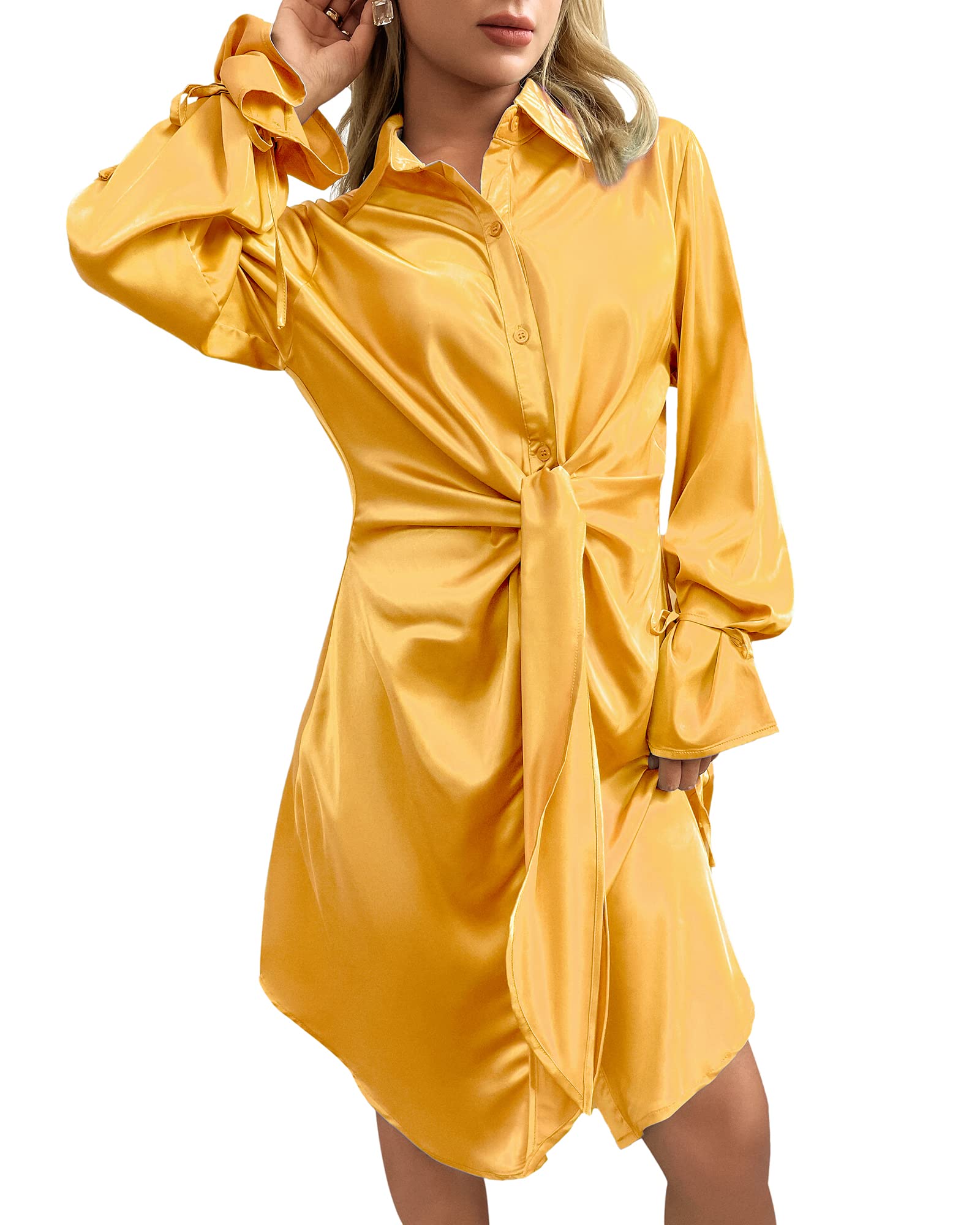 Elegant Fall Tie Front Mini Satin Shift Dress with Button Down & Ribboned Puff Sleeves - Silky Casual Shirt Dress for Women | Perfect for Office, Date Night & Autumn Outings