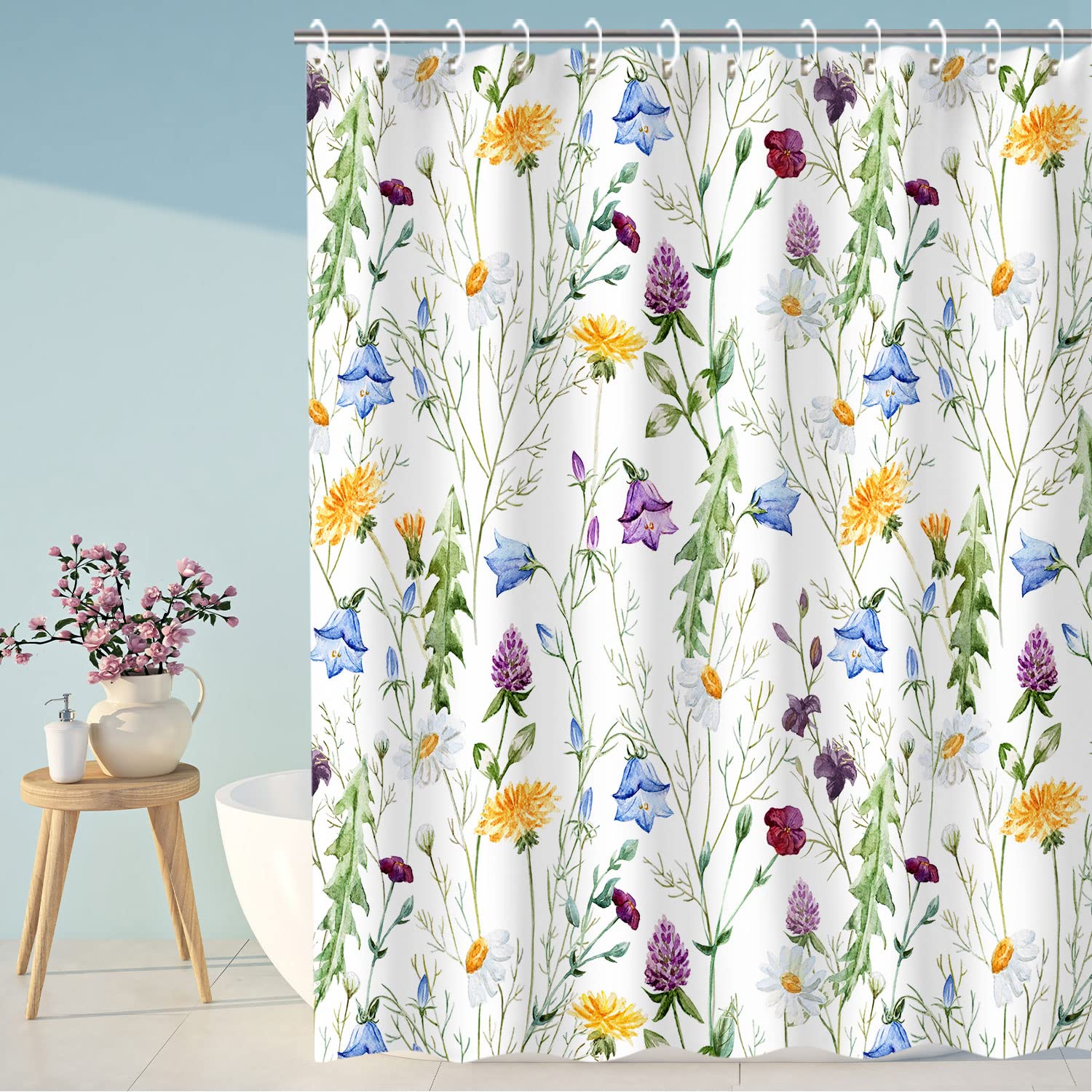 LIVILAN Floral Shower Curtain - Waterproof Bathroom Decor with Green Leaf and Wildflower Design, 72 x 84 Inches - Perfect for Modern Farmhouse, Boho, or Vintage Style Bathrooms