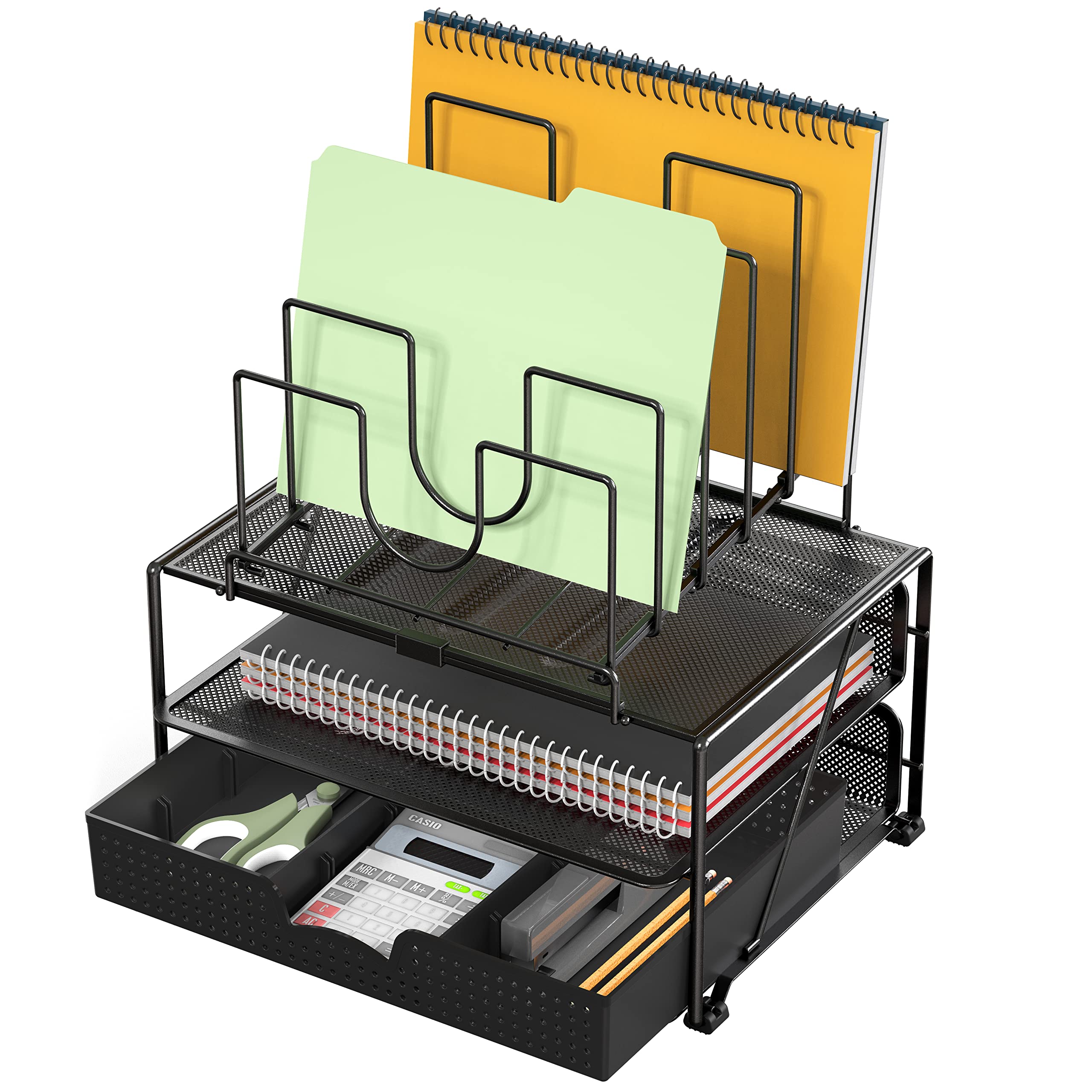 Deco Brothers Black Desktop File Organizer with Double Tray & 5 Folder Stand - Office Document Organizer for Desk, Home Office, and Workspace Organization
