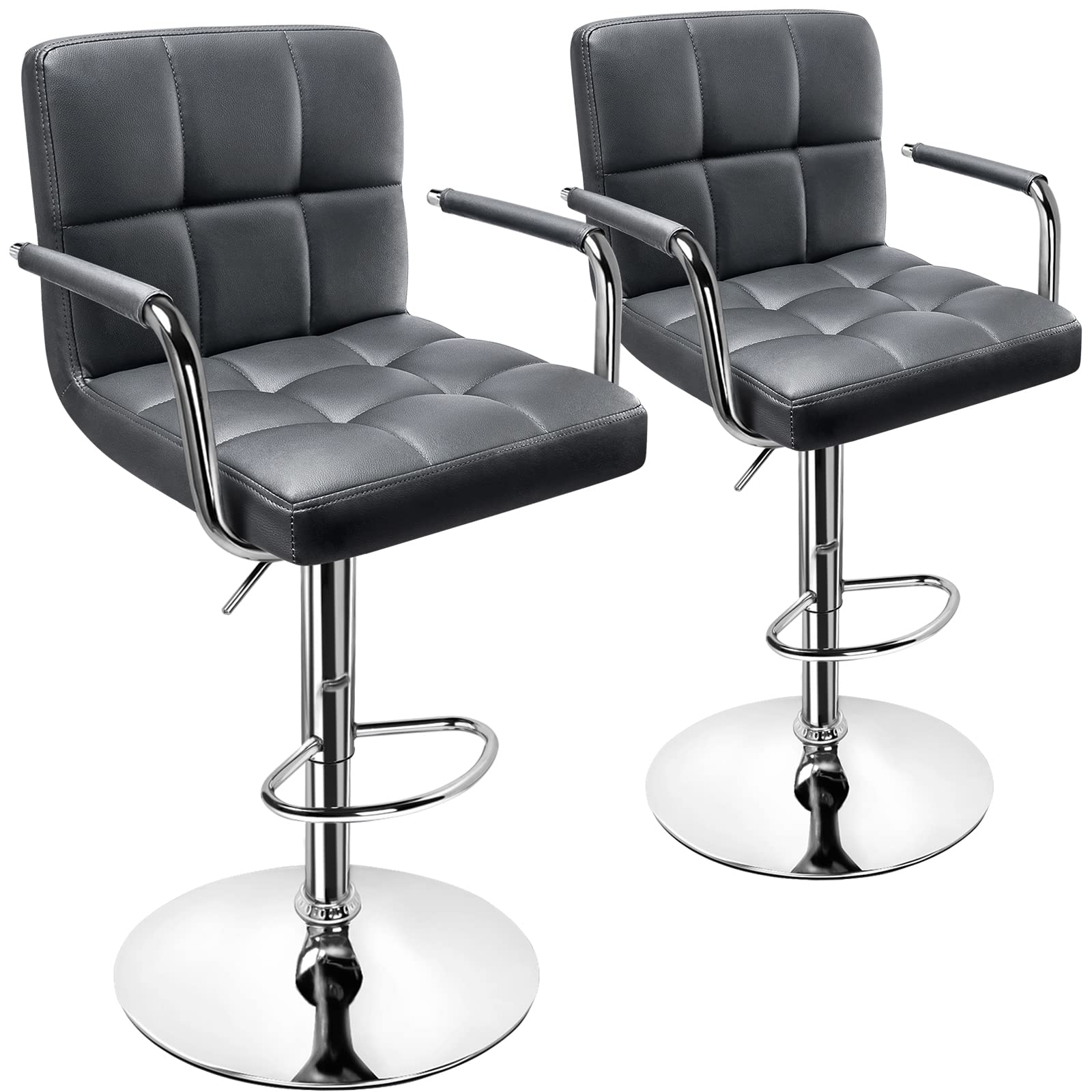 Huracan Bar Stools Set of 2 - Grey Swivel Counter Height Bar Chairs with Arms, Adjustable Height & 360-Degree Rotation, Modern Kitchen Island Stools with Back Support & Armrests - Perfect for Breakfast Bars, Home Bars & Kitchen Counter Seating