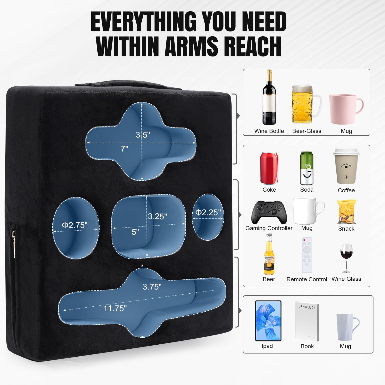 STBoo Couch Cup Holder Pillow Tray - Sofa Drink Holder with Snack & Phone Organizer | Portable Multi-Use Bed Caddy for Remote, Beverage, Tablet | Perfect for Car, Beach, RV, Boat, Bedroom & Outdoor Activities (Black)