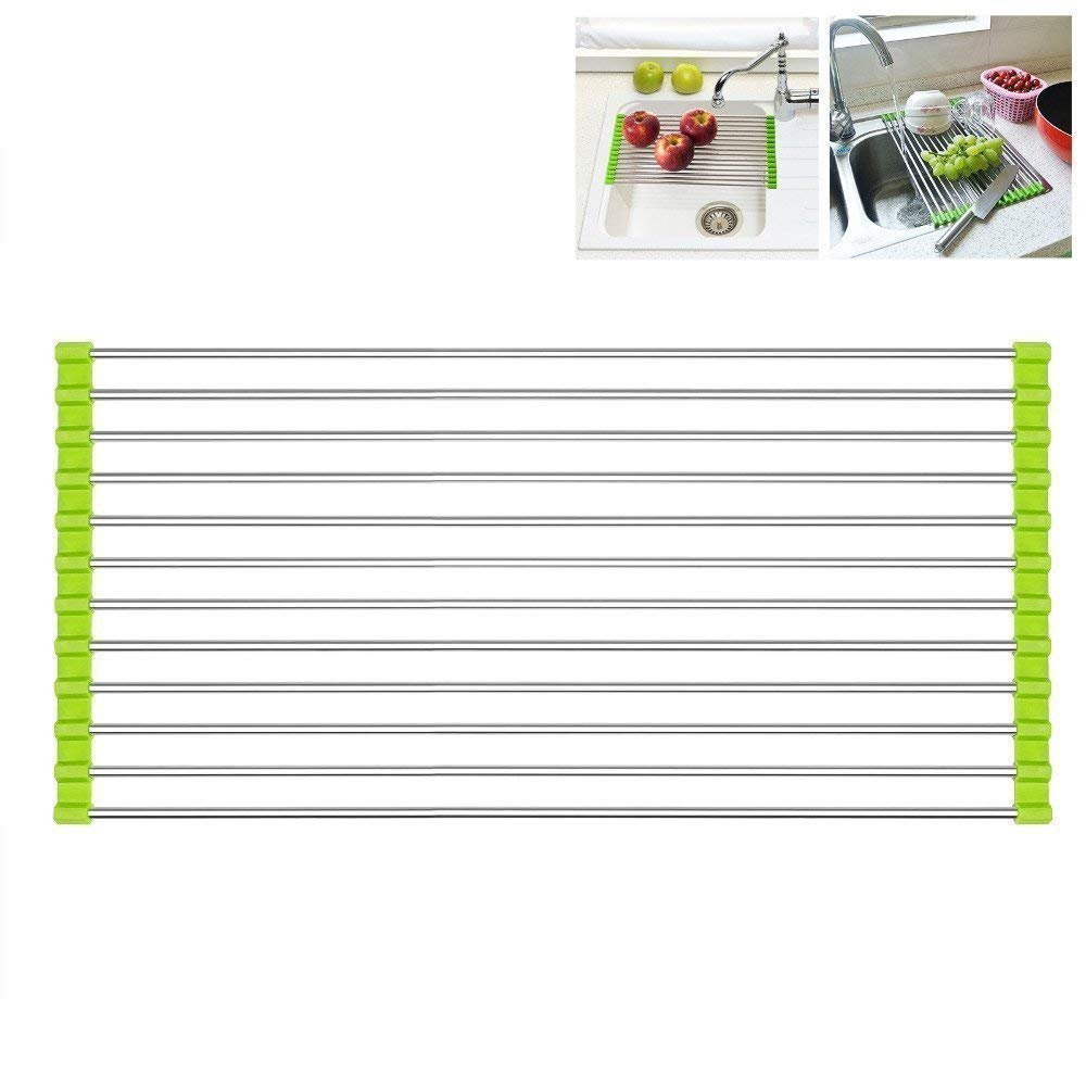 Foldable Roll-Up Kitchen Sink Drain Rack - Non-Slip Silicone & Stainless Steel Dish Drying Rack for Dishes, Utensils, and Vegetables | Space-Saving, Durable, and Easy to Clean | Perfect for Small Kitchens, RVs, and Apartments