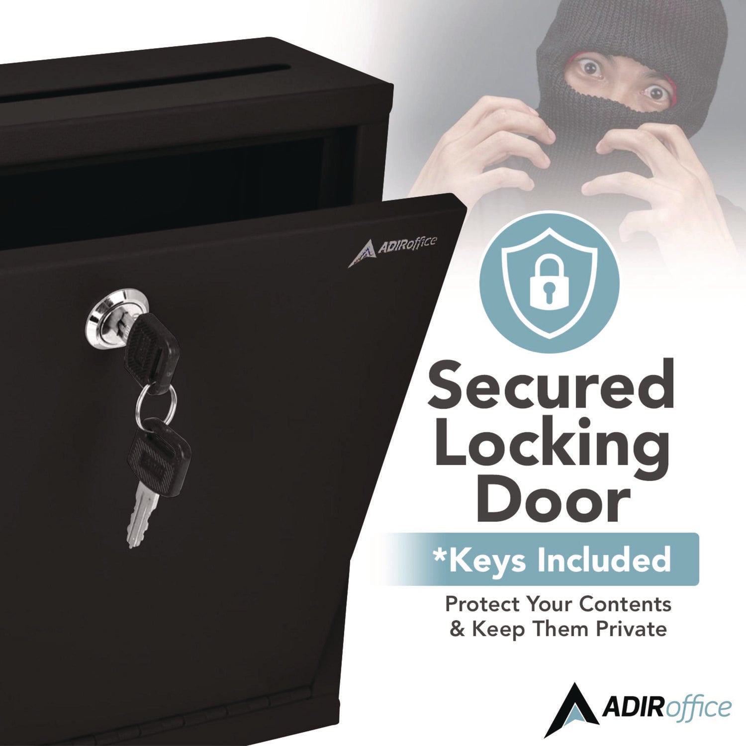 AdirOffice Large Secure Drop Box - 12 x 3 x 10 Inch Steel Locking Mailbox for Office, Home & Business - Black Multi-Purpose Deposit Box for Documents, Packages & Valuables (Ideal for Mailrooms, Reception Areas & Secure Storage)