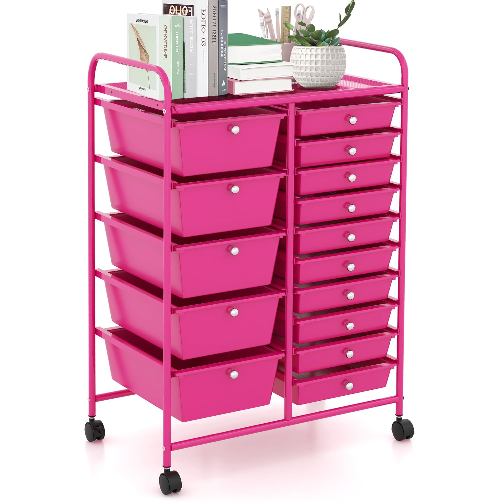 15-Drawer Rolling Storage Cart with Lockable Wheels - Multipurpose Craft & Utility Organizer for Tools, Arts, Scrapbooking, Papers - Perfect for Home, Office & School Use (Hot Pink)