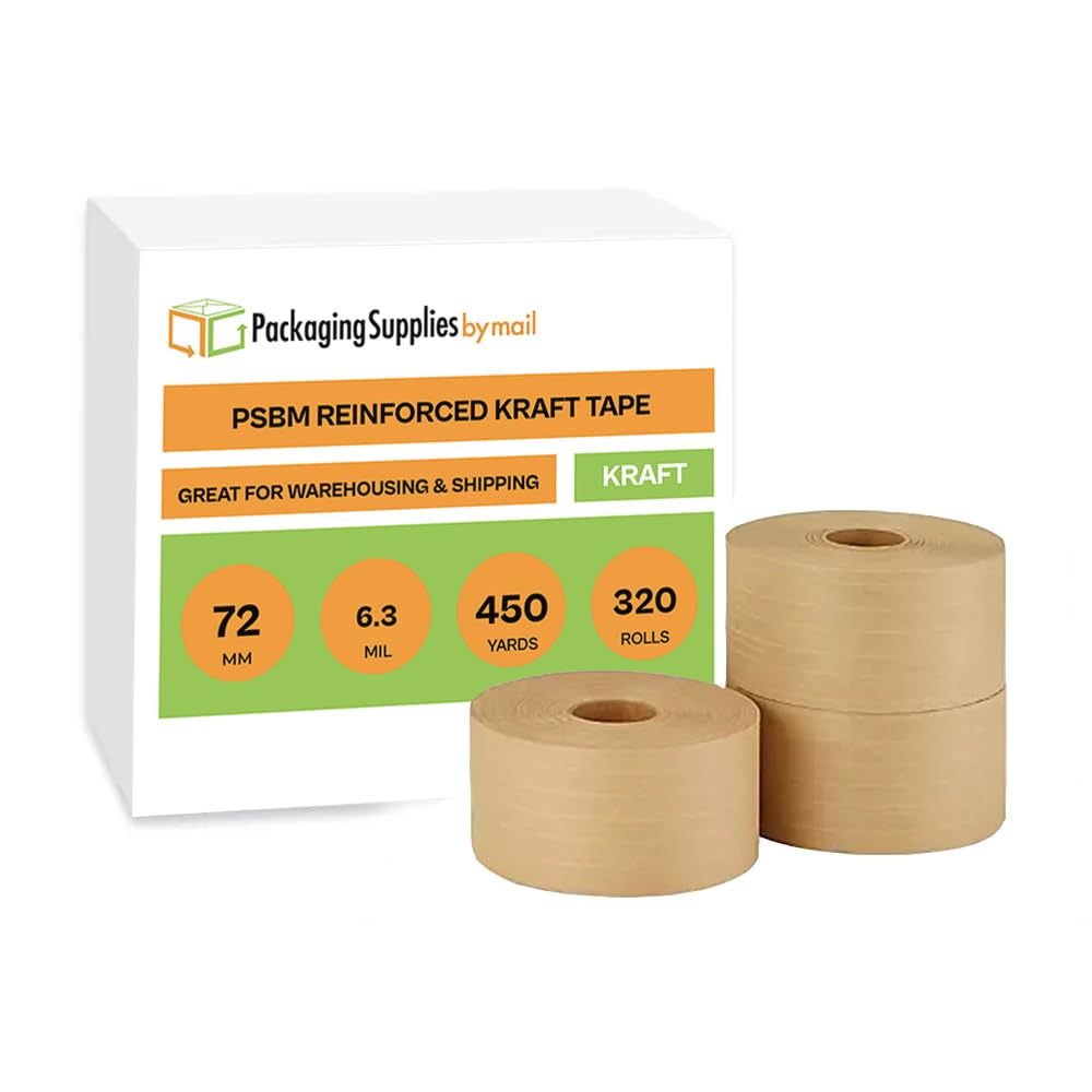 PSBM Kraft Gummed Packing Tape - 72mm x 450ft (13.7m) Paper Tape Roll, 320 Pack - Strong Water-Activated Shipping Tape for Box Sealing, Moving & Storage
