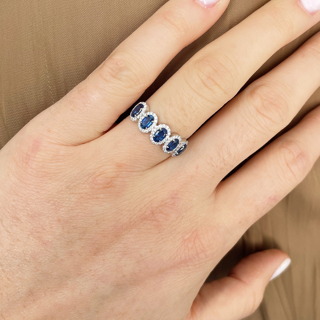 14K White Gold Five Stone Oval Sapphire & Diamond Halo Ring for Women - Elegant Engagement, Wedding, Anniversary Gift for Her