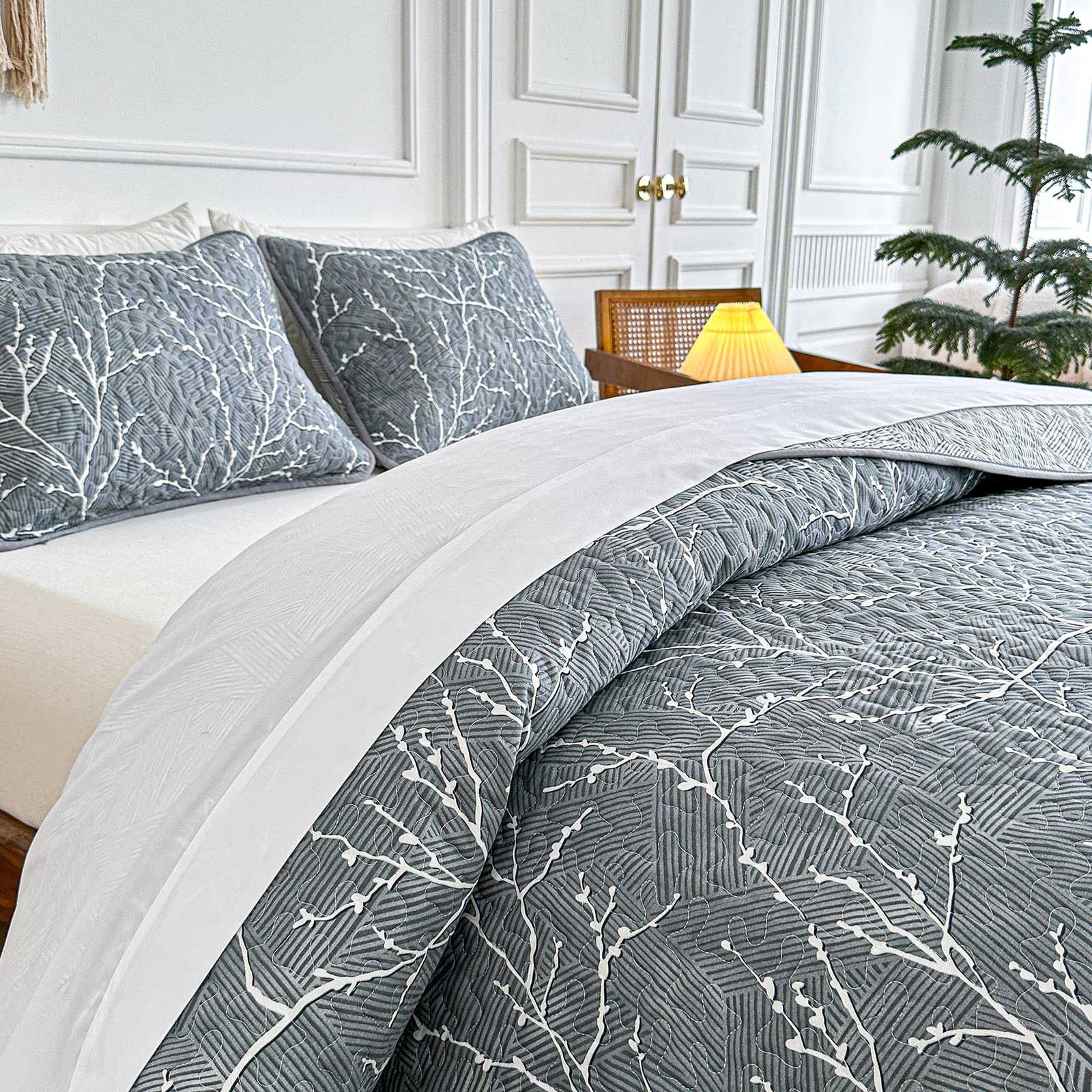 Soft Reversible 2-Piece Gray Cotton Quilt Set with White Branch Design - Twin Size Bedspread & 2 Pillow Shams | Cozy Bedroom Decor for Guest Rooms, Dorms & Modern Homes