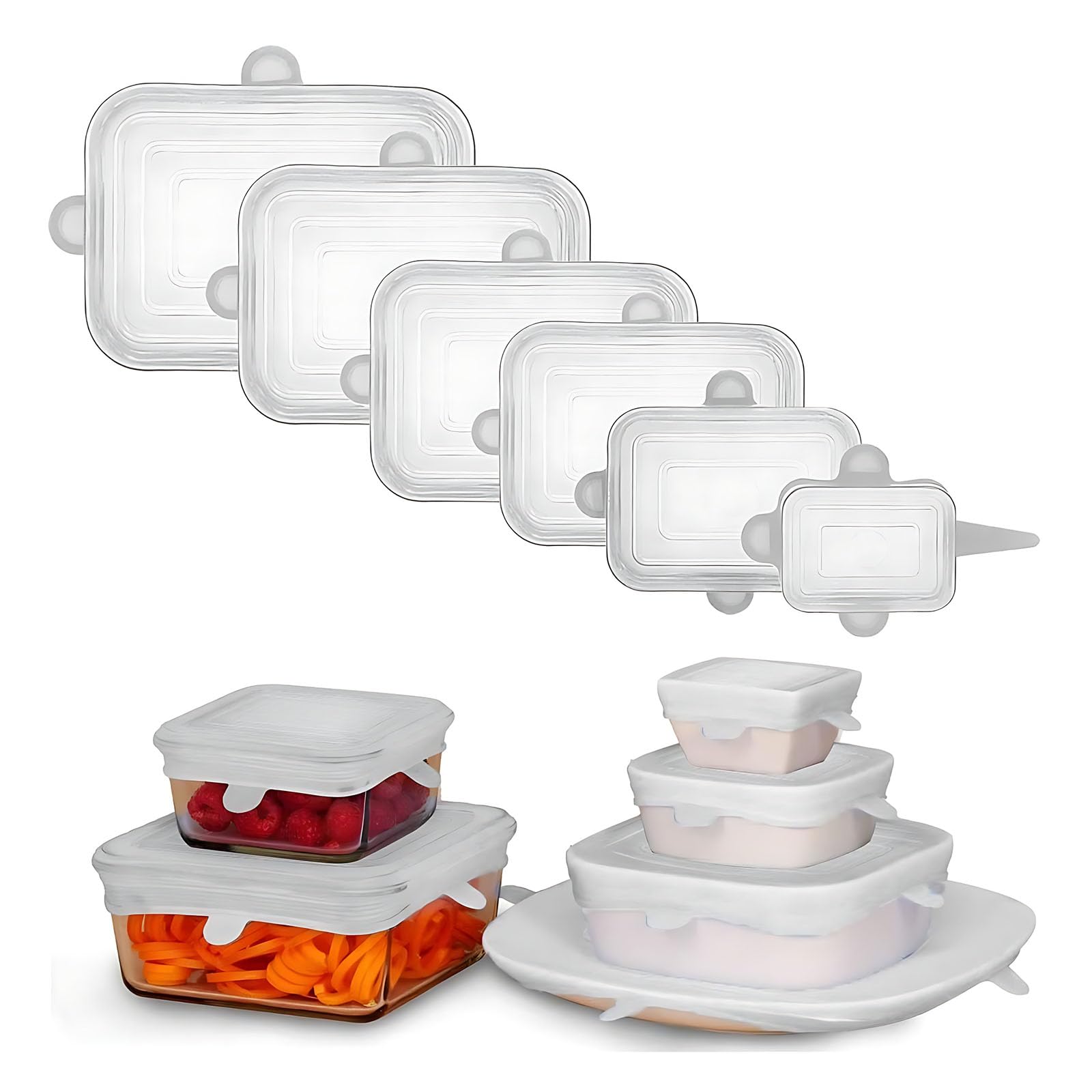 Adpartner 6-Piece Reusable BPA-Free Silicone Stretch Lids Set - Food Storage Covers for Square & Rectangle Containers (Microwave, Freezer & Dishwasher Safe) - Perfect for Meal Prep, Leftovers & Refrigerator Organization