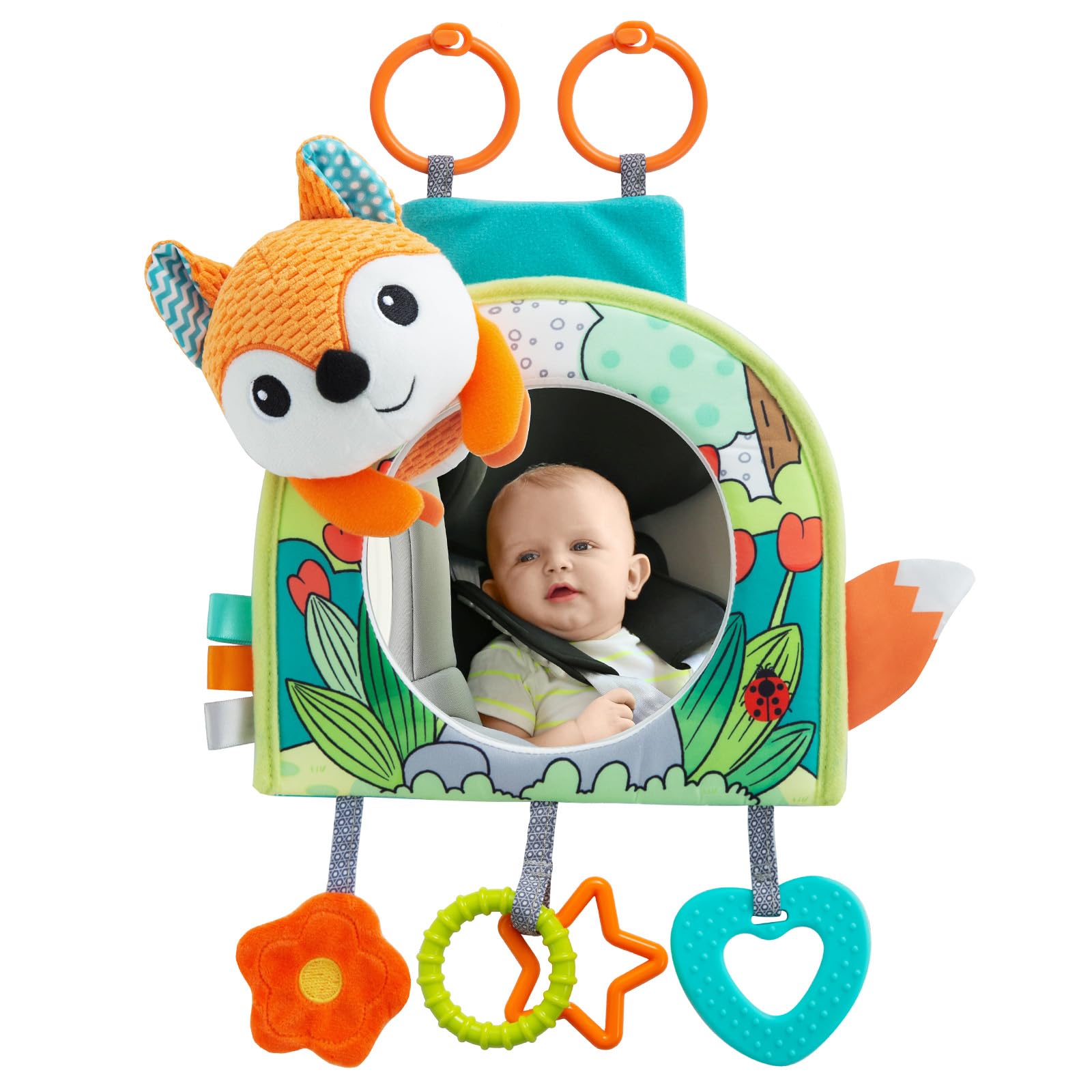 Baby Car Mirror with Hanging Toys - Rear Facing Car Seat Mirror for Infants 0-18 Months | Safe Travel Activity Center for Boys & Girls | Perfect for Road Trips & Long Drives
