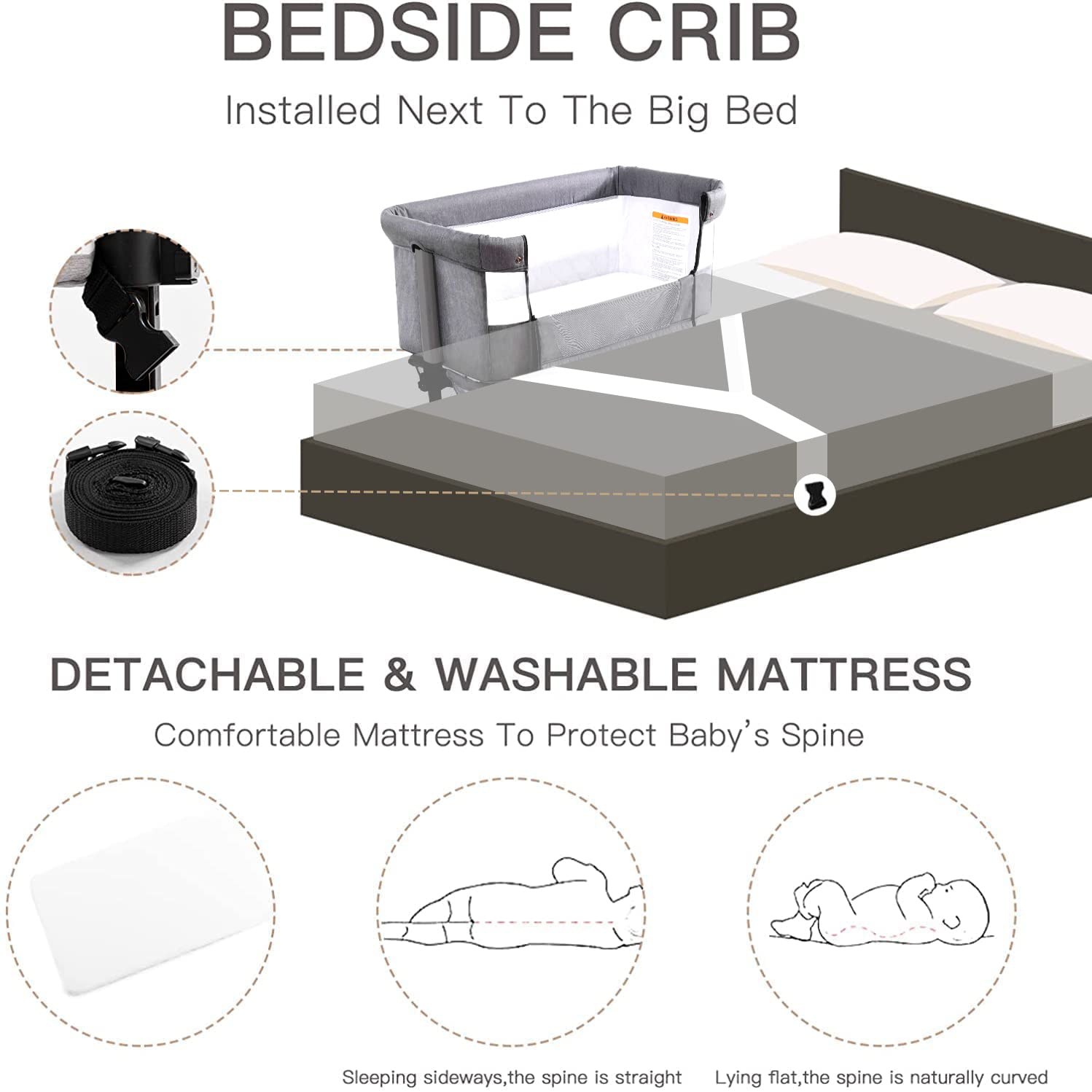 3-in-1 Adjustable Portable Baby Crib & Bassinet - Convertible Bedside Sleeper for Newborns & Infants (Grey) | Nursery, Travel & Co-Sleeping Essential