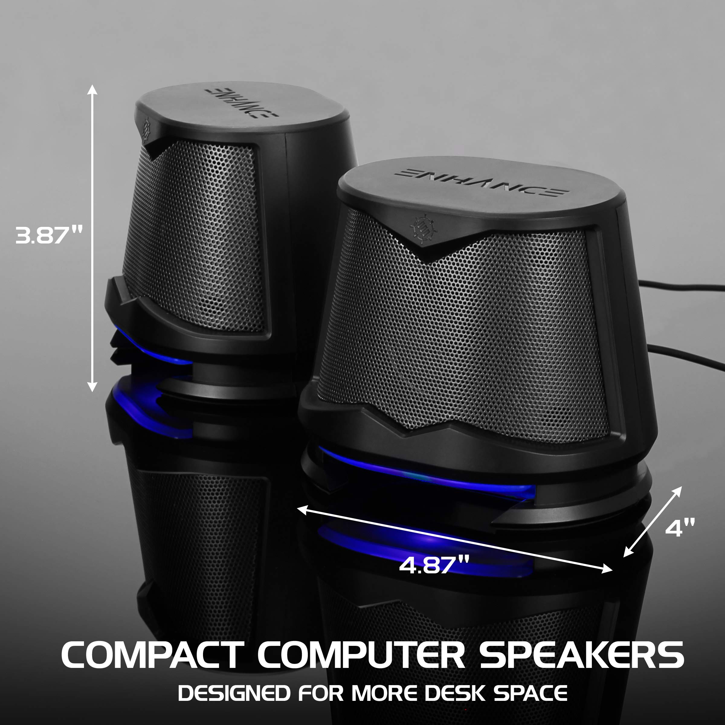ENHANCE SB2 PC Speakers with Blue LED Lights - 2.0 USB Powered Computer Speakers (10W Peak, 3.5mm Wired Connection, In-Line Volume Control) - Ideal for Gaming, Desktop, Laptop & PC Setup - Black | Perfect for Home Office, Streaming & Multimedia Entertainment