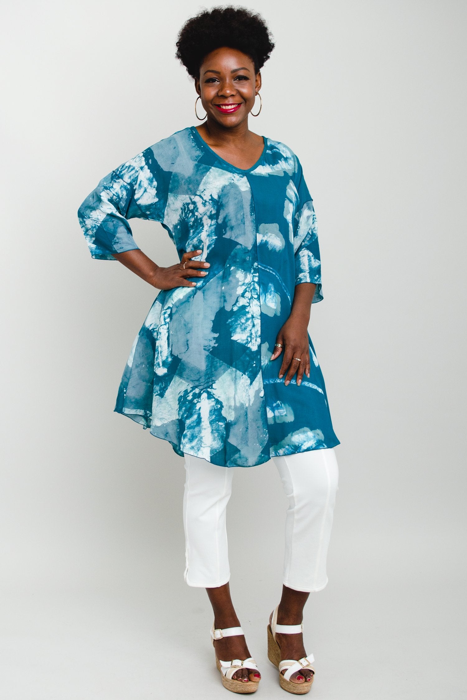 Gayle Top - Teal Mist Batik Art Print Women's Blouse for Casual Wear & Boho Style Outfits