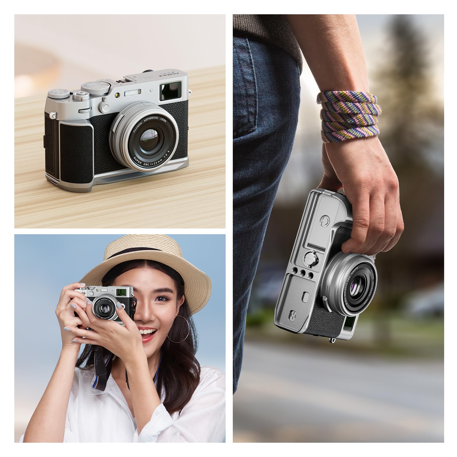 NEEWER X100VI Baseplate for Fujifilm X100VI & X100V Camera - L-Shaped Bracket with Handgrip, Arca-Swiss Tripod Compatible (Silver, CA083) - Perfect for Street Photography, Travel & Vlogging