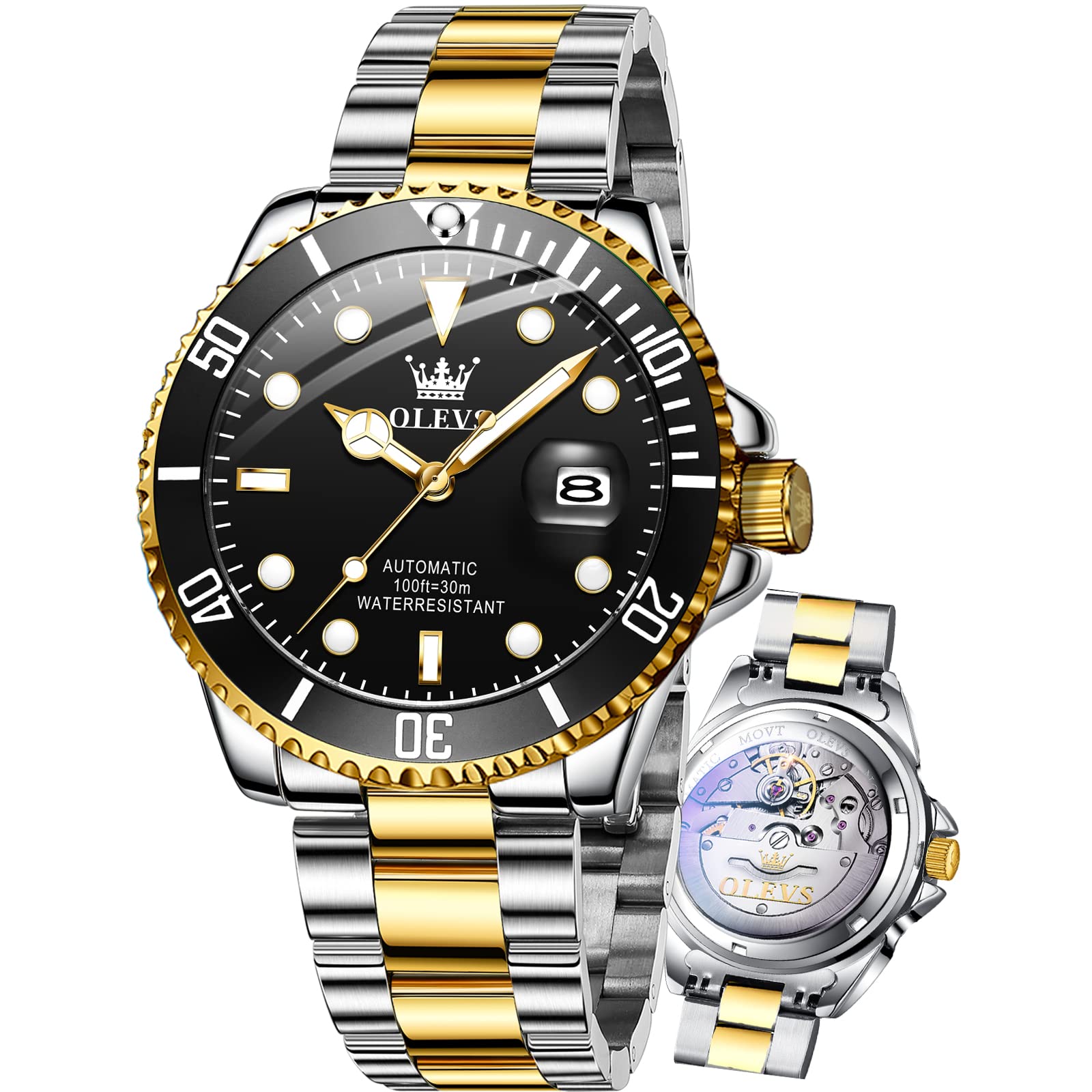 OLEVS Men's Automatic Self-Winding Mechanical Watch - Gold/Silver Stainless Steel Luxury Dress Watch with Big Face, Date Window, Waterproof & Luminous Rotating Bezel - Perfect for Business, Formal Events & Everyday Wear