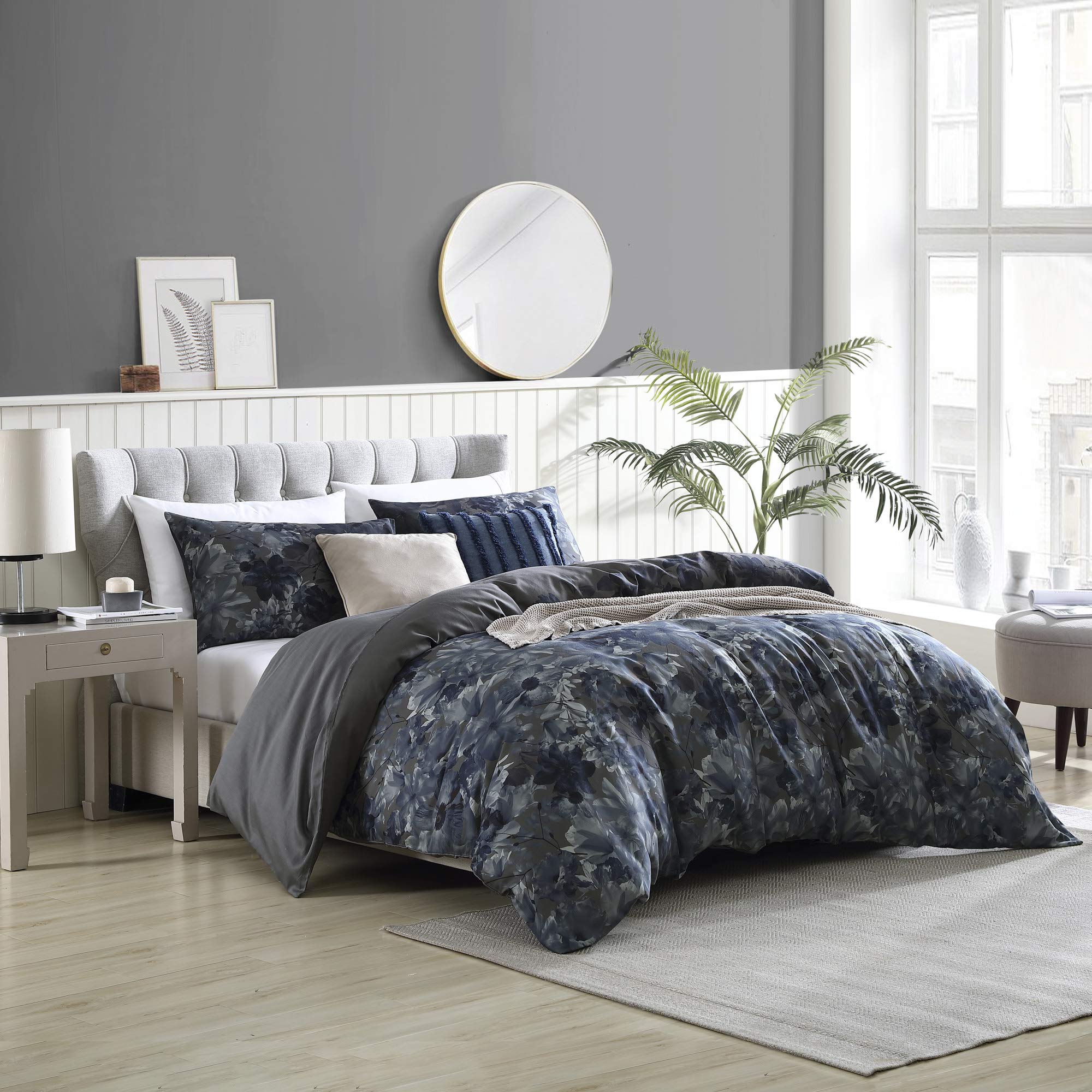 Brielle Camila Floral Printed & Charcoal Reverse 100% Cotton Duvet Cover Set - Blue & Charcoal - Full/Queen Size - Soft & Breathable Bedding for Cozy Bedroom Decor
