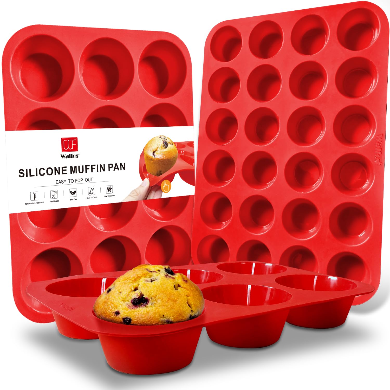 WALFOS BPA-Free Silicone Muffin Pan Set of 3 - Non-Stick 24 Mini, 12 Regular & 6 Texas-Size Cupcake Baking Pans | Easy Pop Out | Dishwasher & Microwave Safe | Perfect for Baking, Party Treats & Meal Prep