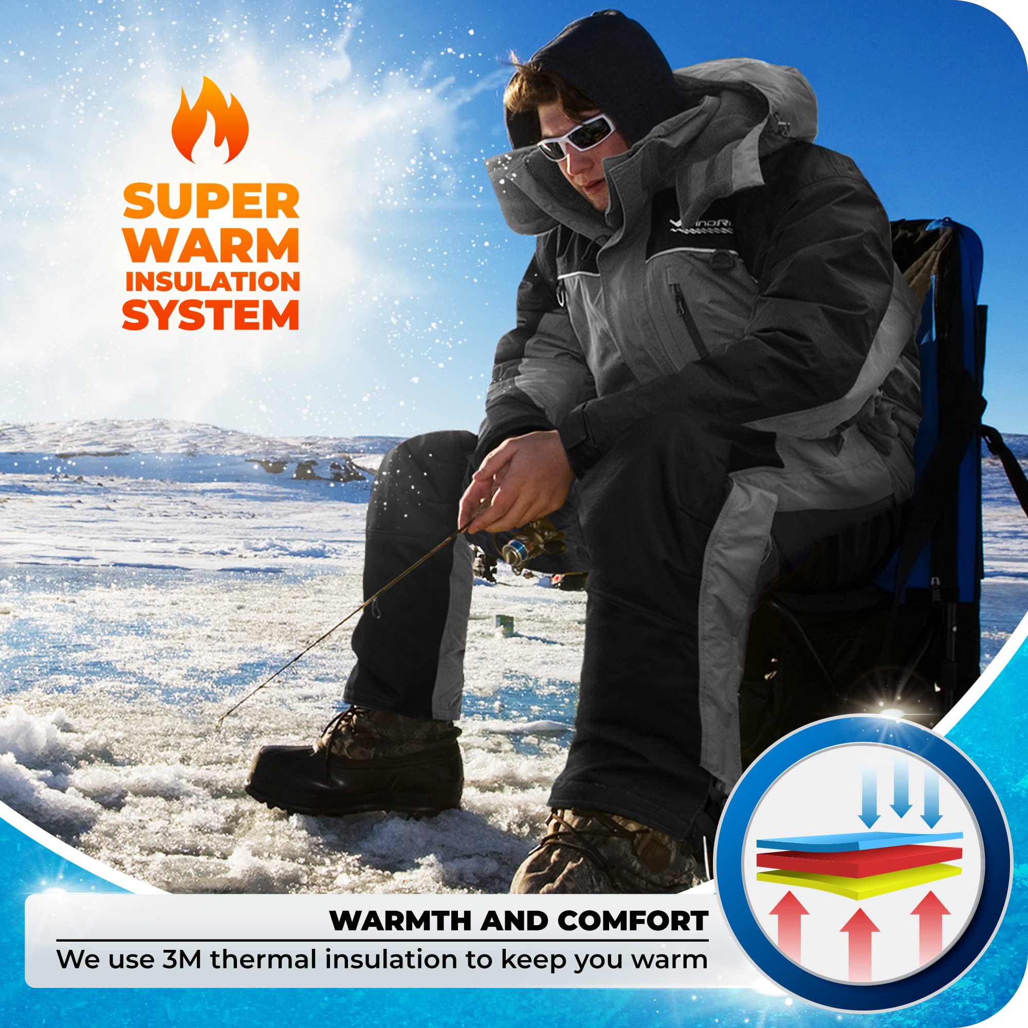 WindRider Insulated Ice Fishing Suit with Flotation - Waterproof Bibs & Jacket for Extreme Cold - Multiple Pockets for Gear Storage - Perfect for Ice Fishing, Snowmobiling & Winter Outdoor Adventures