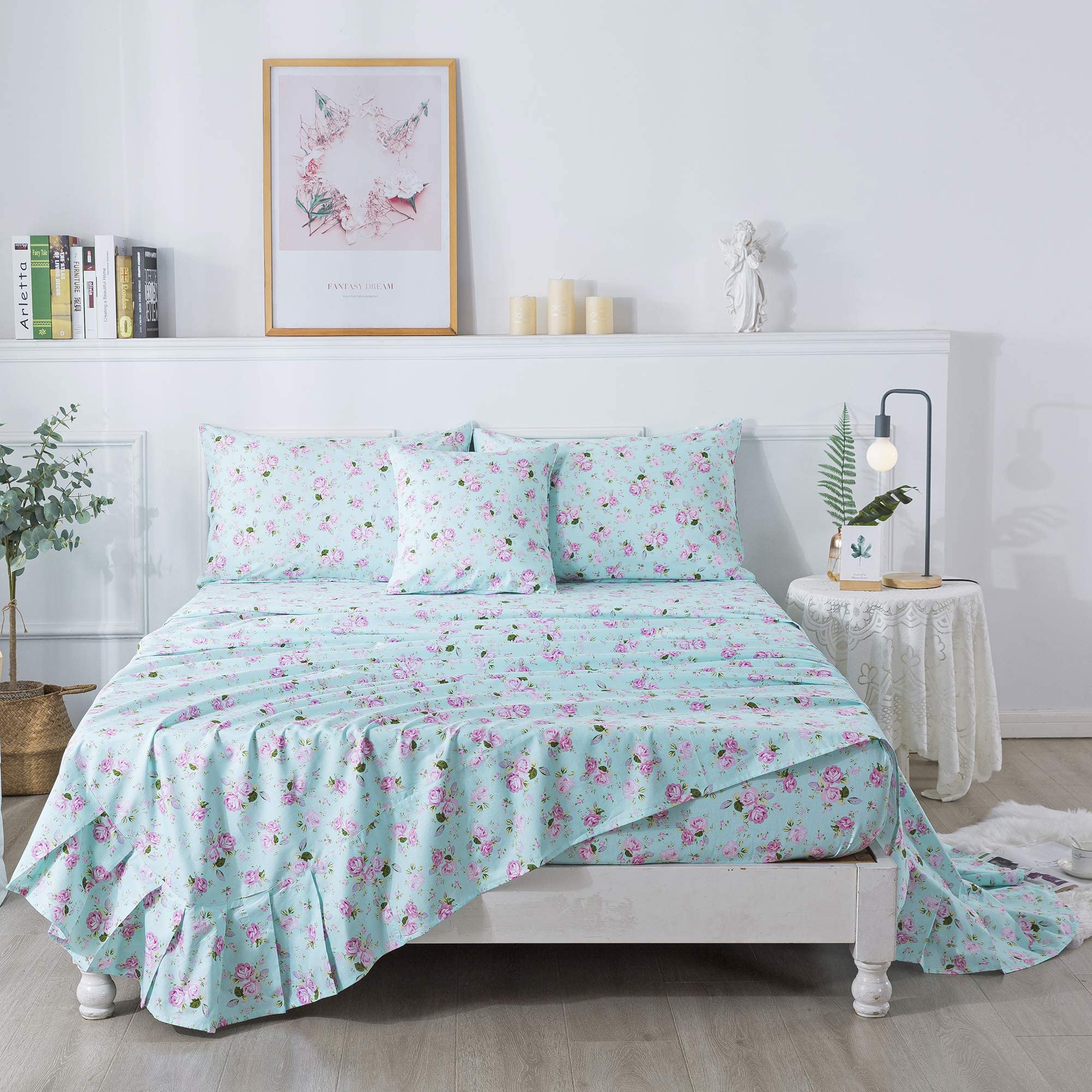 FADFAY Floral Printed 100% Cotton Bedding Set - 4 Piece Full Size Fitted Sheet, Flat Sheet & 2 Pillowcases - Soft Breathable Eco-Friendly Farmhouse Style for Girls Room, Kids Bedroom Decor & Guest Bedding