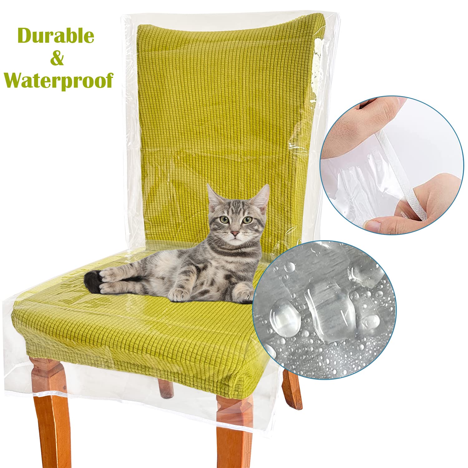 JOMMIE CHEN Clear Plastic Chair Covers - 4 Pack Waterproof PE Material Dining Chair Protectors for Liquids, Dust & Pet Scratches - Durable, Washable Seat Covers for Kitchen, Restaurant & Home Use