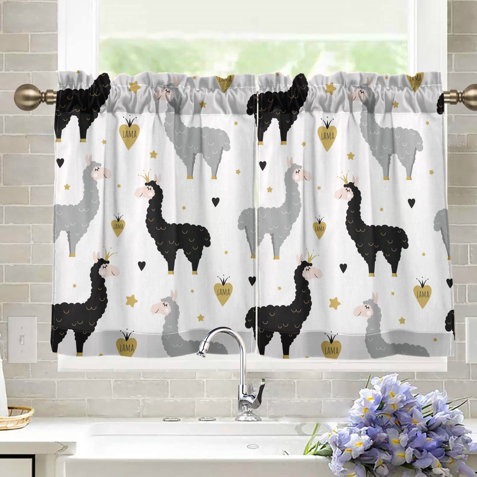 Cute Llamas Kitchen Curtains 36 Inch - Short Rod Pocket Window Drapes for Bedroom, Nursery, Kids Room - 2 Panels (27W x 36L) - Perfect for Farmhouse, Boho & Kids Decor