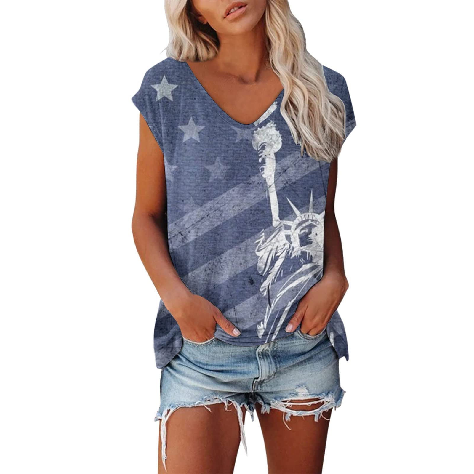 Skang Women's Tunic Tops 2023 - Summer Casual Short Sleeve V-Neck T-Shirts with Patriotic Independence Day Print | Perfect for 4th July Celebrations, Beach Outings & Everyday Wear