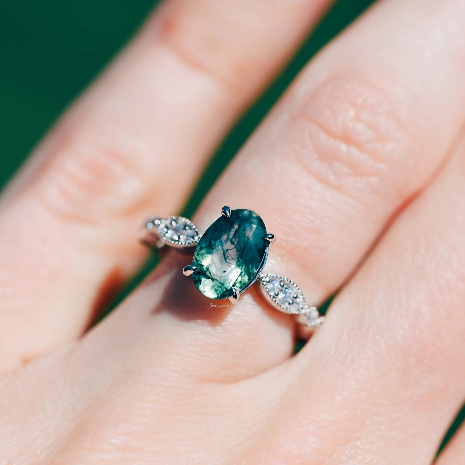 Kylie Art Deco Green Moss Agate Ring - Sterling Silver Jewelry for Women | Vintage Style Statement Ring for Parties, Weddings & Everyday Wear