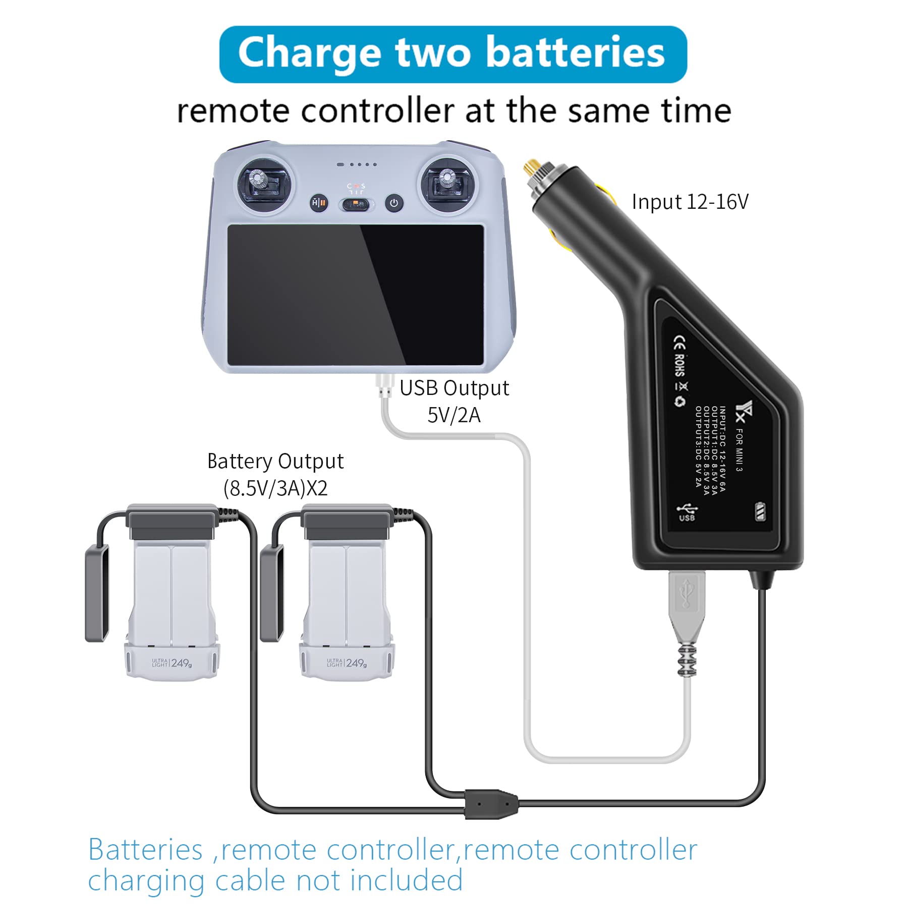 DJI Mini 3 Pro/Mini 4 Car Charger - 3-in-1 Fast Charging for 2 Batteries & Remote Control | Portable Travel Charger for Drone Accessories (Not Compatible with Mavic Mini/Mini 2) | Perfect for Road Trips & Outdoor Adventures