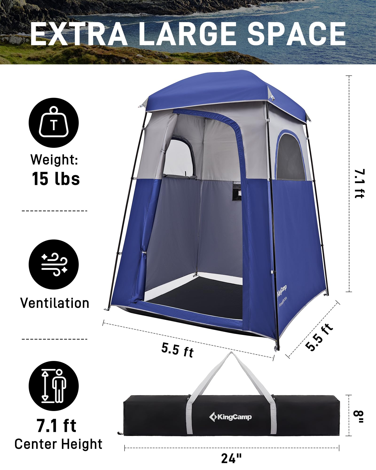 KingCamp Oversized Camping Shower Tent - Portable Privacy Shelter for Outdoor Showers & Changing Room | Includes Shower Bag | Easy Setup (1 or 2 Room Options) | Perfect for Camping, Hiking, Beach & RV Trips