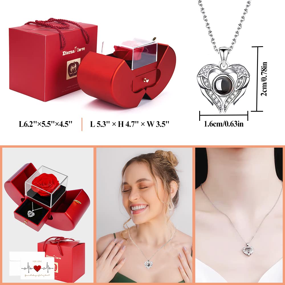Firestyle Preserved Real Rose Eternal Flower Gift Set with 'I Love You' Necklace in 100 Languages - Perfect Birthday, Anniversary, Valentine's Day, Mother's Day & Christmas Present for Women, Wife, Mom - Romantic Keepsake for Bedroom Decor, Wedding Centerpiece or Special Occasion Gift