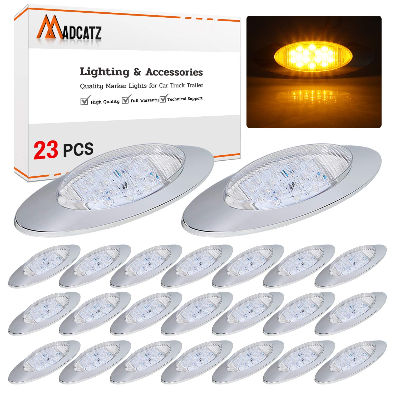 MADCATZ 6.5 Inch 16 LED Oval Cab Marker Lights - Clear Lens Amber Light with Chrome Bezel, 12V DC for Trucks & Trailers (Pack of 23) - Durable Side Marker Lights for Enhanced Night Visibility & Vehicle Safety
