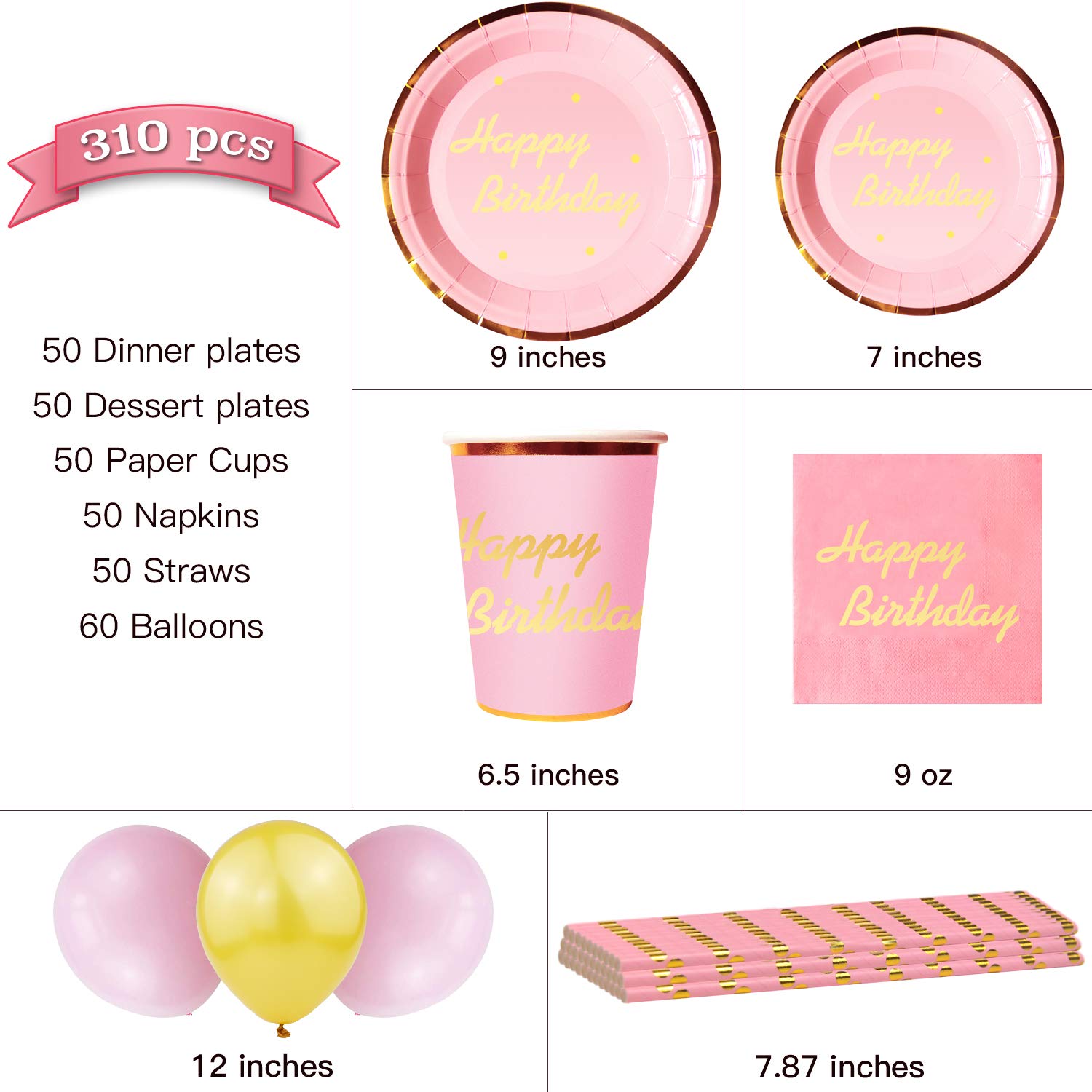 Pink Happy Birthday Party Supplies - 310 pcs Disposable Tableware Set for 50 Guests, Includes Foil Paper Plates & Napkins - Perfect for Birthday, Anniversary, Baby Shower & Bridal Shower Decorations