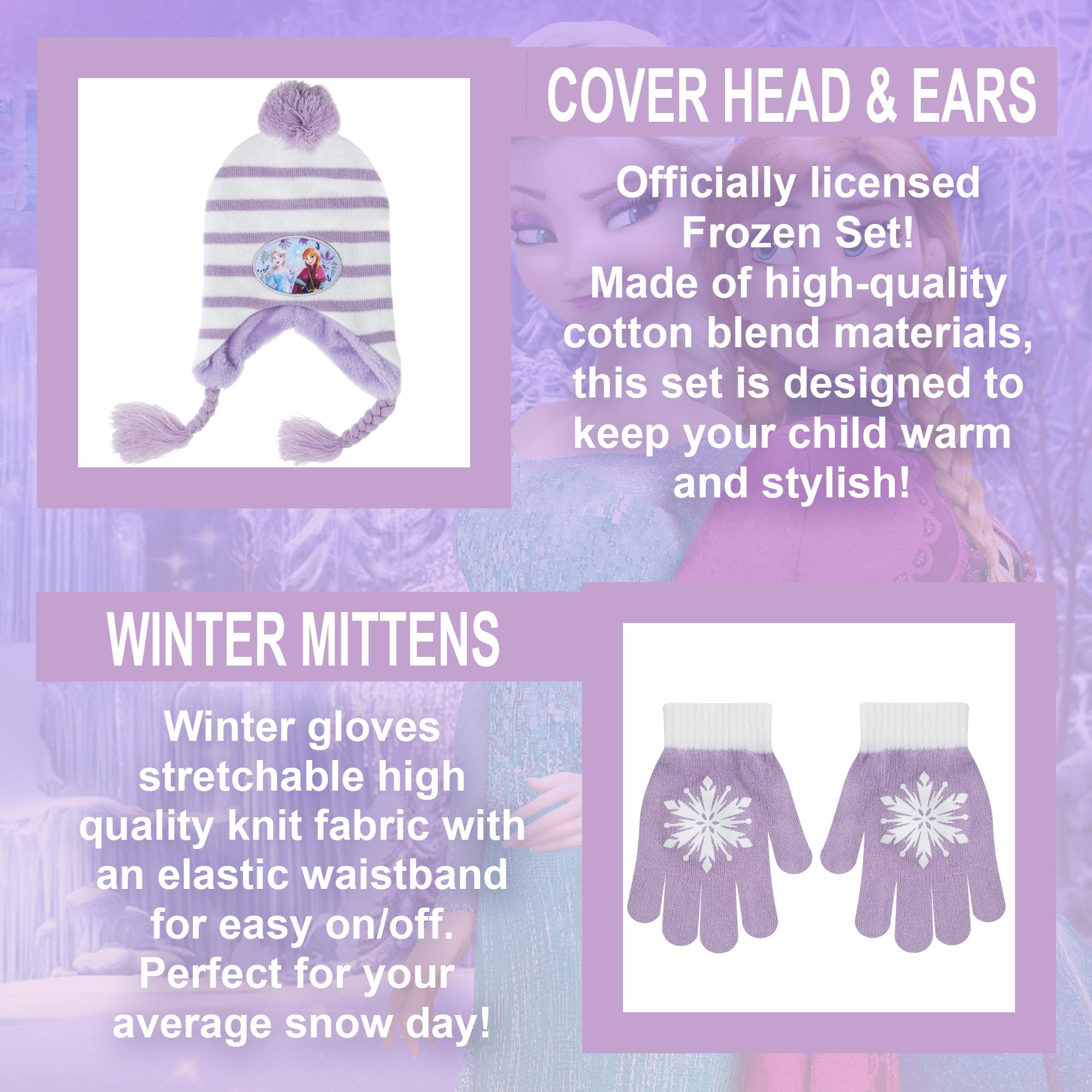 Disney Frozen Elsa & Anna Winter Beanie Hat & Snow Gloves Set for Girls & Toddlers - Warm Knit Hat & Waterproof Gloves for Snow Play, Outdoor Activities & Cold Weather Protection