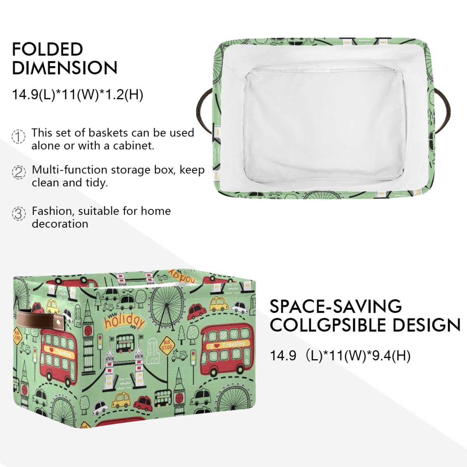 Susiyo London City Large Foldable Storage Basket - 2 Pack Fabric Collapsible Organizing Bin for Shelves, Closet, Bedroom & Bathroom | Home & Office Organization
