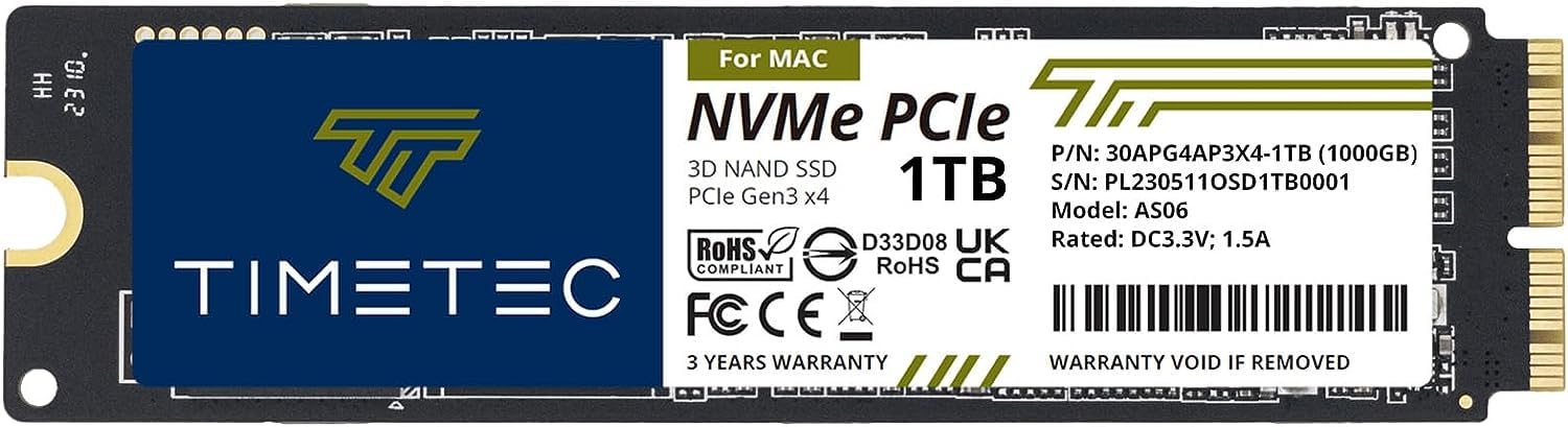 Timetec 1TB SSD NVMe PCIe Gen3x4 Internal Solid State Drive - 3D NAND TLC, Up to 1,900MB/s Read Speed - Compatible with MacBook Air/Pro, iMac, Mac Pro, Mac Mini (2013-2019 Models) - Perfect for Storage Upgrade, Gaming & Video Editing