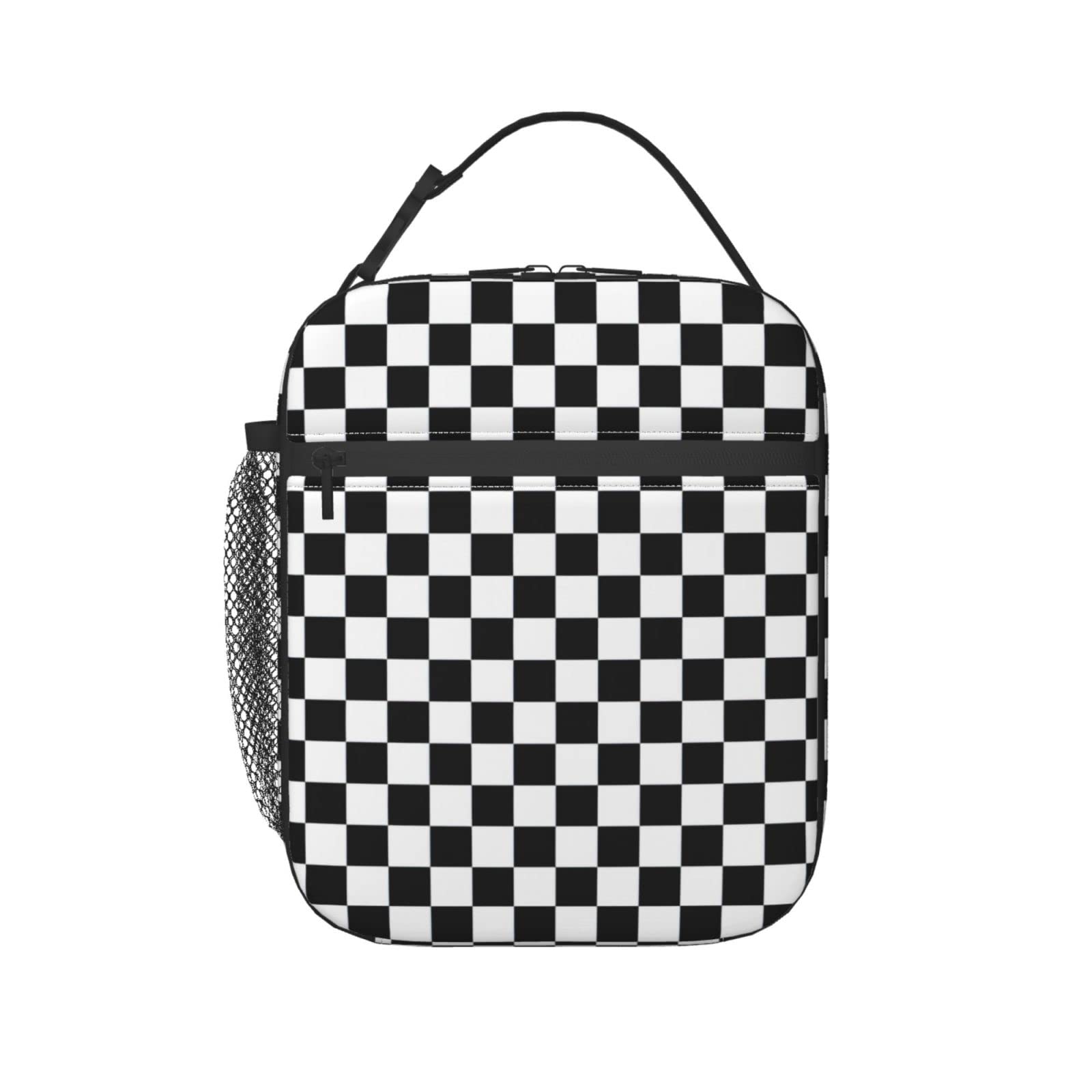 Insulated Reusable Lunch Bag - Black & White Checkerboard Design, Large Capacity Meal Tote with Detachable Handle for Women, Men, Kids | Perfect for Work, School, Picnics & Outdoor Activities