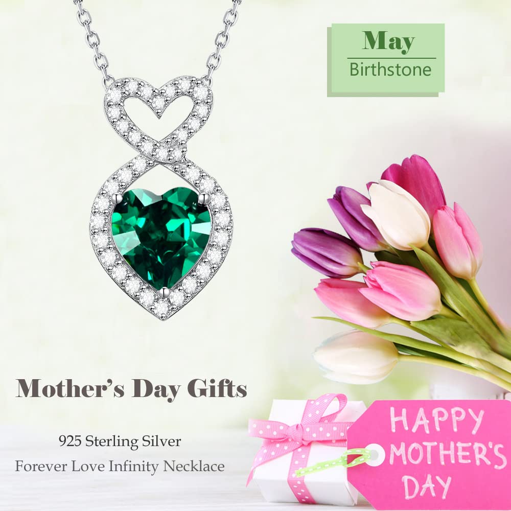 Double Hearts Forever Love Infinity May Birthstone Emerald Necklace for Women - Sterling Silver Jewelry Gift for Mother's Day, Birthday, Anniversary | Perfect for Everyday Wear, Special Occasions & Romantic Gifts