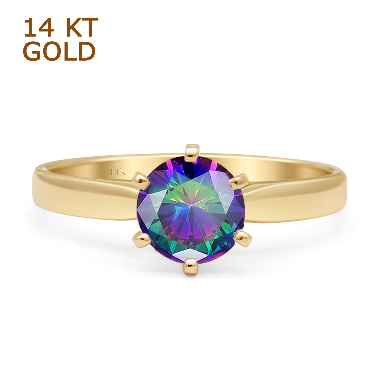 14K Yellow Gold Round Solitaire Rainbow CZ Art Deco Ring for Women - Vintage Style Cubic Zirconia Engagement Wedding Band - Perfect for Anniversary, Proposal & Special Occasions