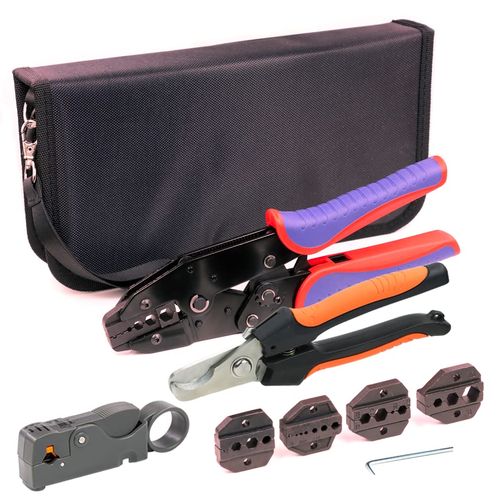 HKS Professional Coax Ratchet Crimping Tool Kit for RG6 RG59 Coaxial Cables - Includes 5 Interchangeable Dies, Rotary Cable Stripper, Cutter & Pliers - Perfect for Cable TV, Satellite, CCTV & Internet Installation