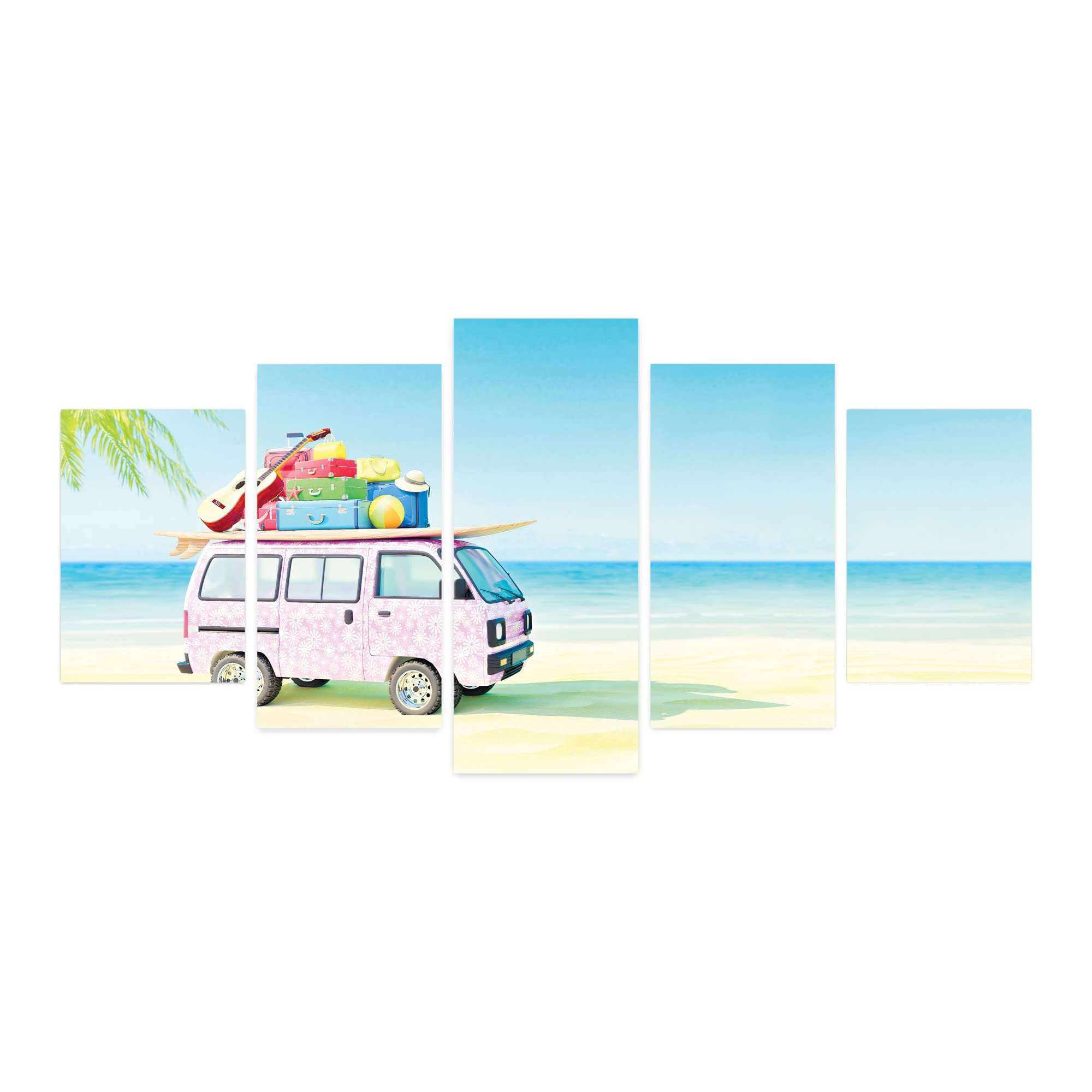 Ambesonne 5-Panel Acrylic Glass Wall Art - Pink Hippie Van Happy Camper Beach Scene, 60
