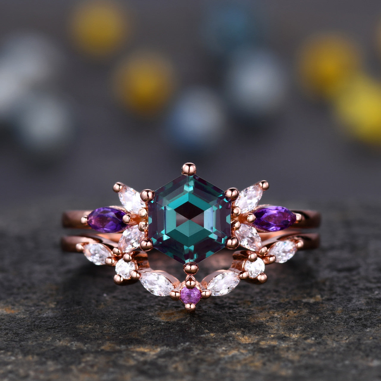 Vintage Alexandrite & Moissanite Engagement Ring Set with Amethyst Matching Band - June Birthstone Jewelry for Weddings & Anniversaries