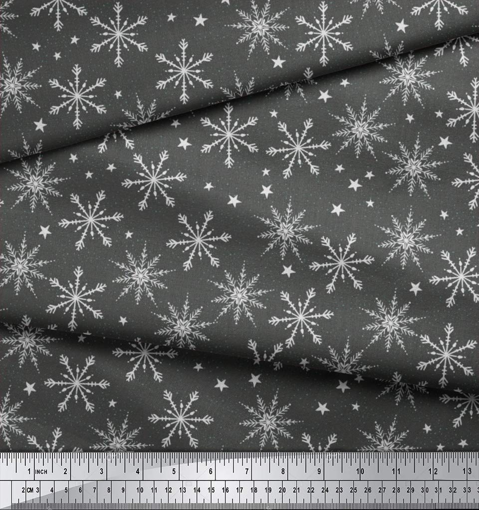 Soimoi Moss Georgette Gray Fabric by The Yard - 42 Inch Wide Printed Fabric with Snowflakes & Stars Pattern for Winter Dresses, Scarves & Home Decor