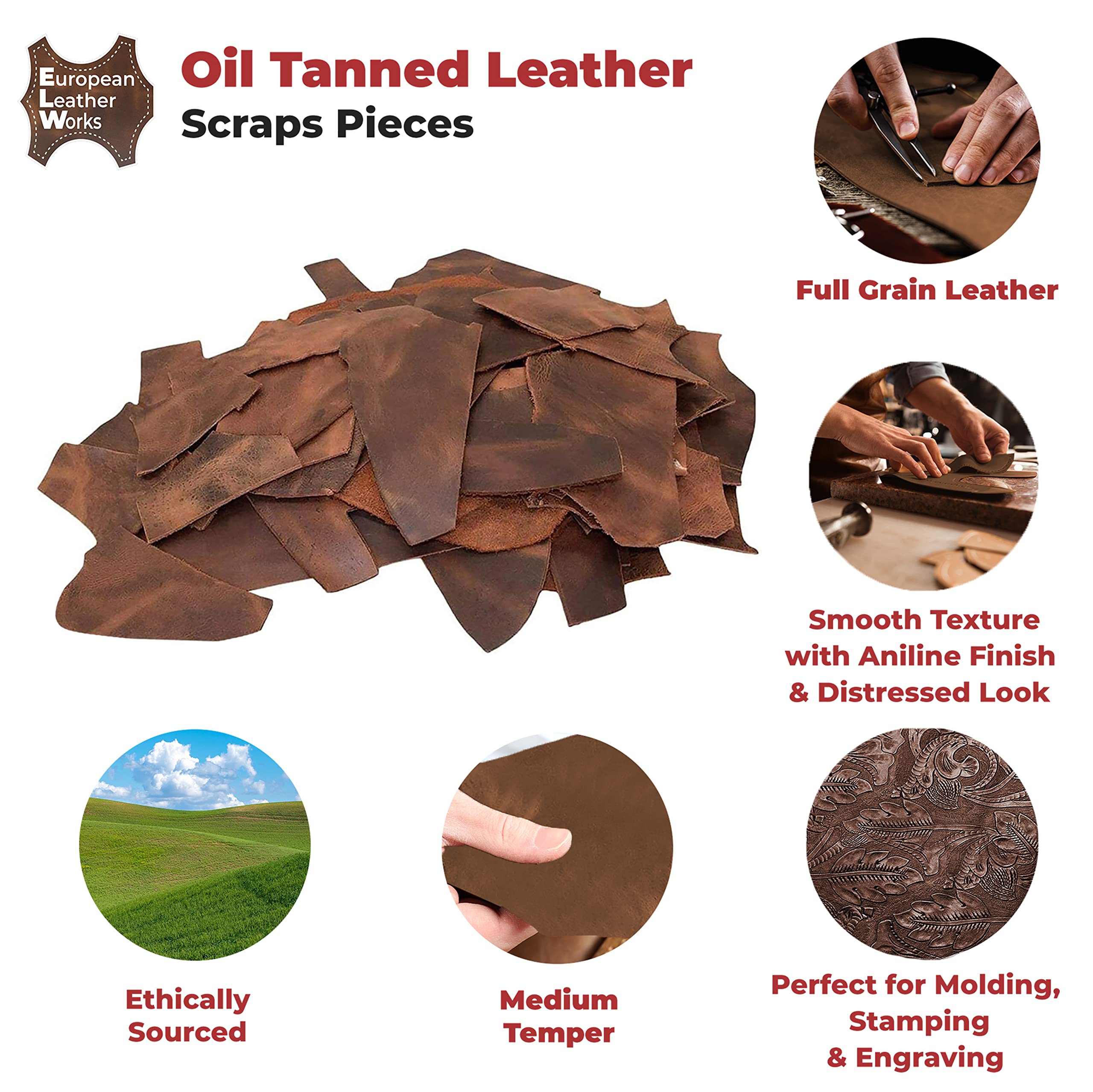 Premium 5-6 oz (2-2.4mm) Full Grain Bourbon Brown Cowhide Leather Scraps - 8 LB Oil-Tanned European Leather for DIY Crafts, Jewelry Making, Handmade Accessories & Leatherworking Projects - Perfect for Wallets, Belts, Keychains & Home Decor
