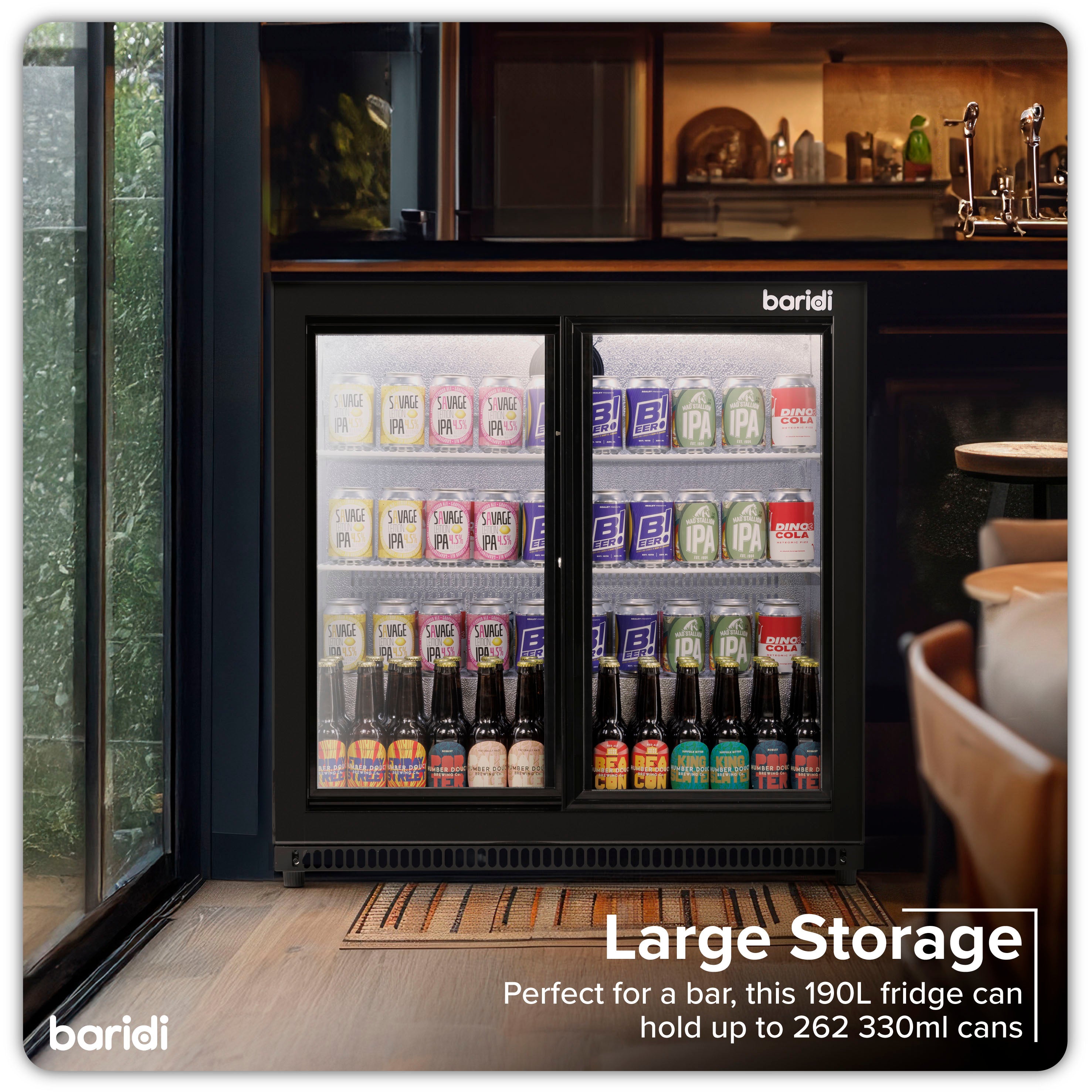 Baridi 190L Double Sliding Door Back Bar Refrigerator - Commercial Grade Black Drink Cooler for Bars, Restaurants & Home Use - Perfect for Chilling Beer, Wine & Beverages