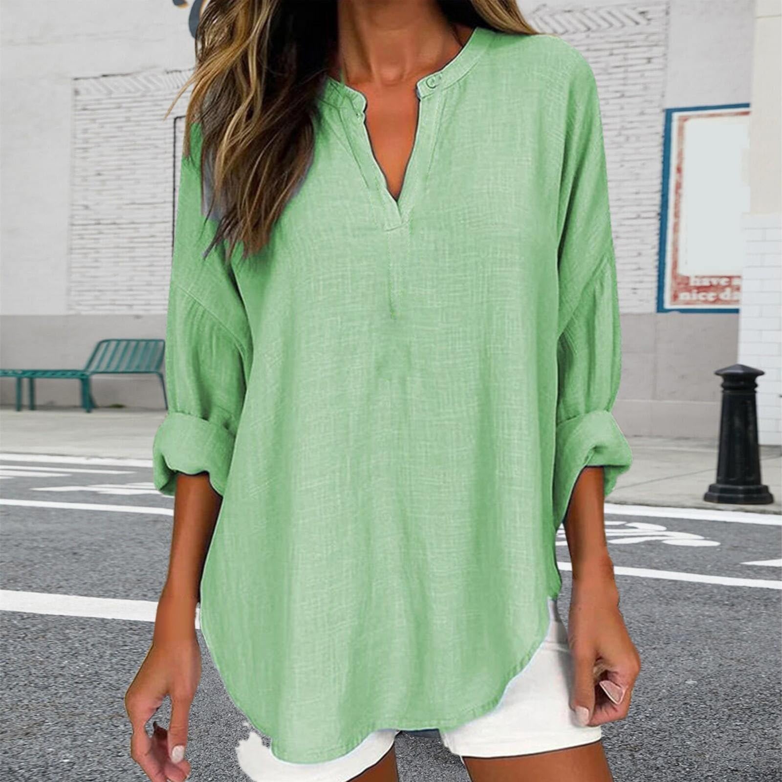 Women's Floral Printed V-Neck Long Sleeve Cotton T-Shirt - Casual Basic Tee for Everyday Wear, Work & Outfits
