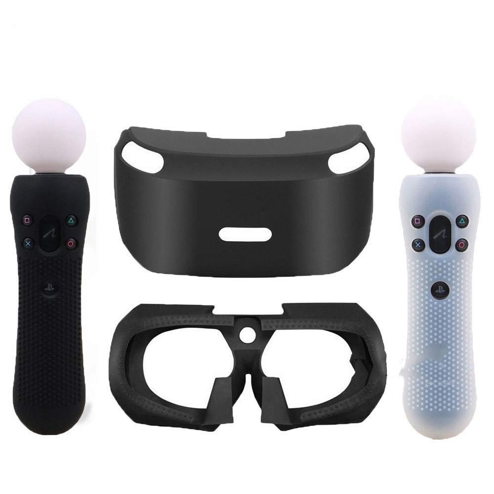 3D Glass Protective Silicone Skin Case with Eye Shield for PSVR PS VR Headset + 2pcs Silicone Protective Covers for Sony PS VR Move Motion Controllers (Black & White) - Perfect for Gaming Protection and Comfort