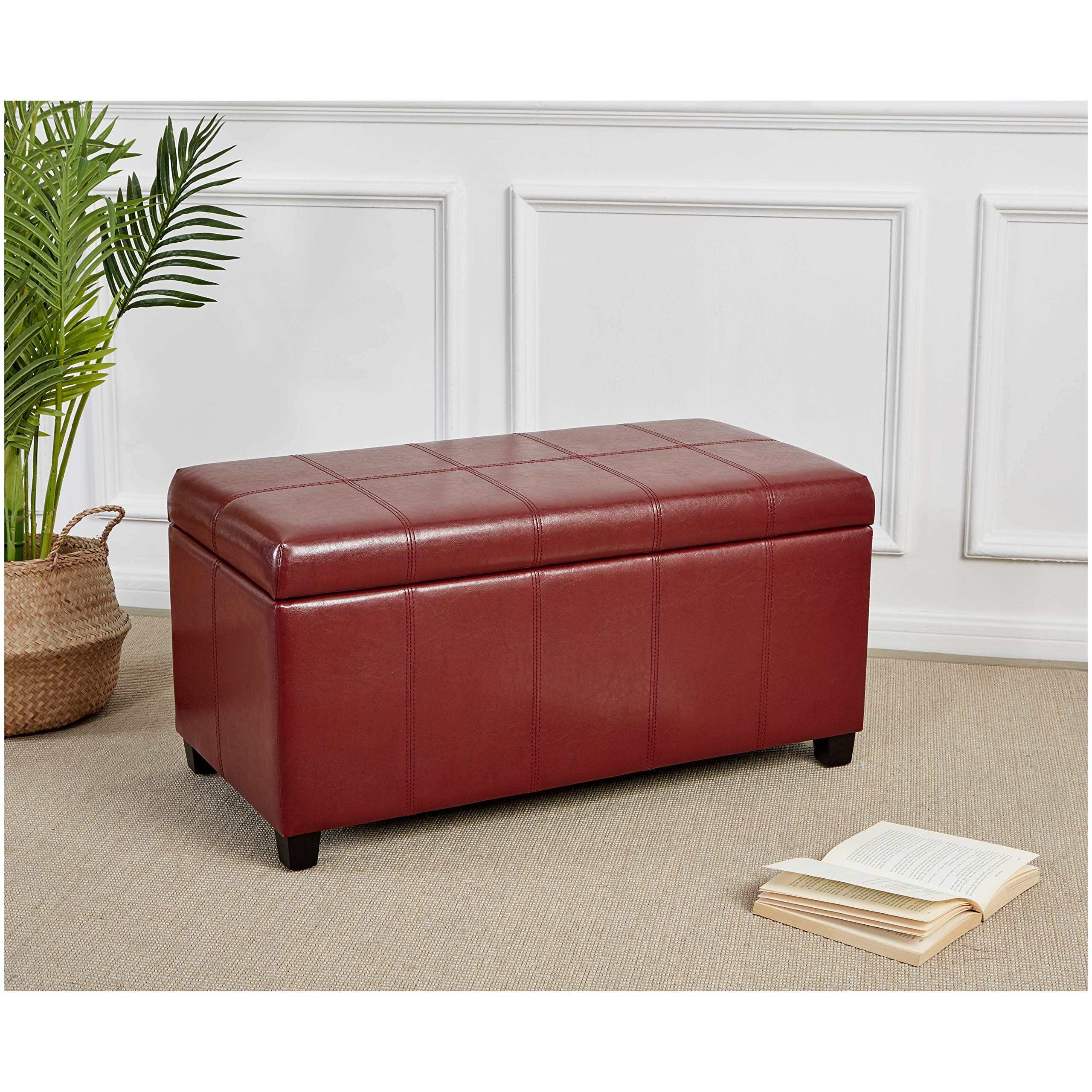 FIRST HILL FHW Bench Collection Rectangular Storage Ottoman with Lift Top - Radicchio Red - Multi-Functional Footrest, Coffee Table & Living Room Storage Solution